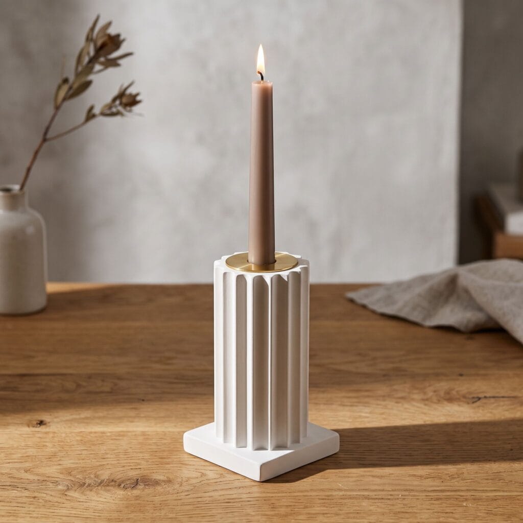 Smooth white cast plaster fluted column candle stand with a flush brass socket holding a taper candle.