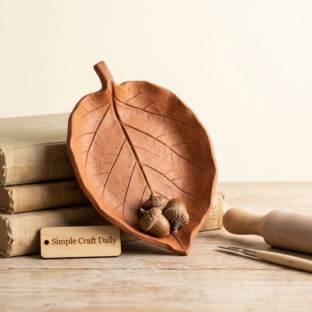 DIY fall decor terracotta clay leaf dish with detailed leaf veins