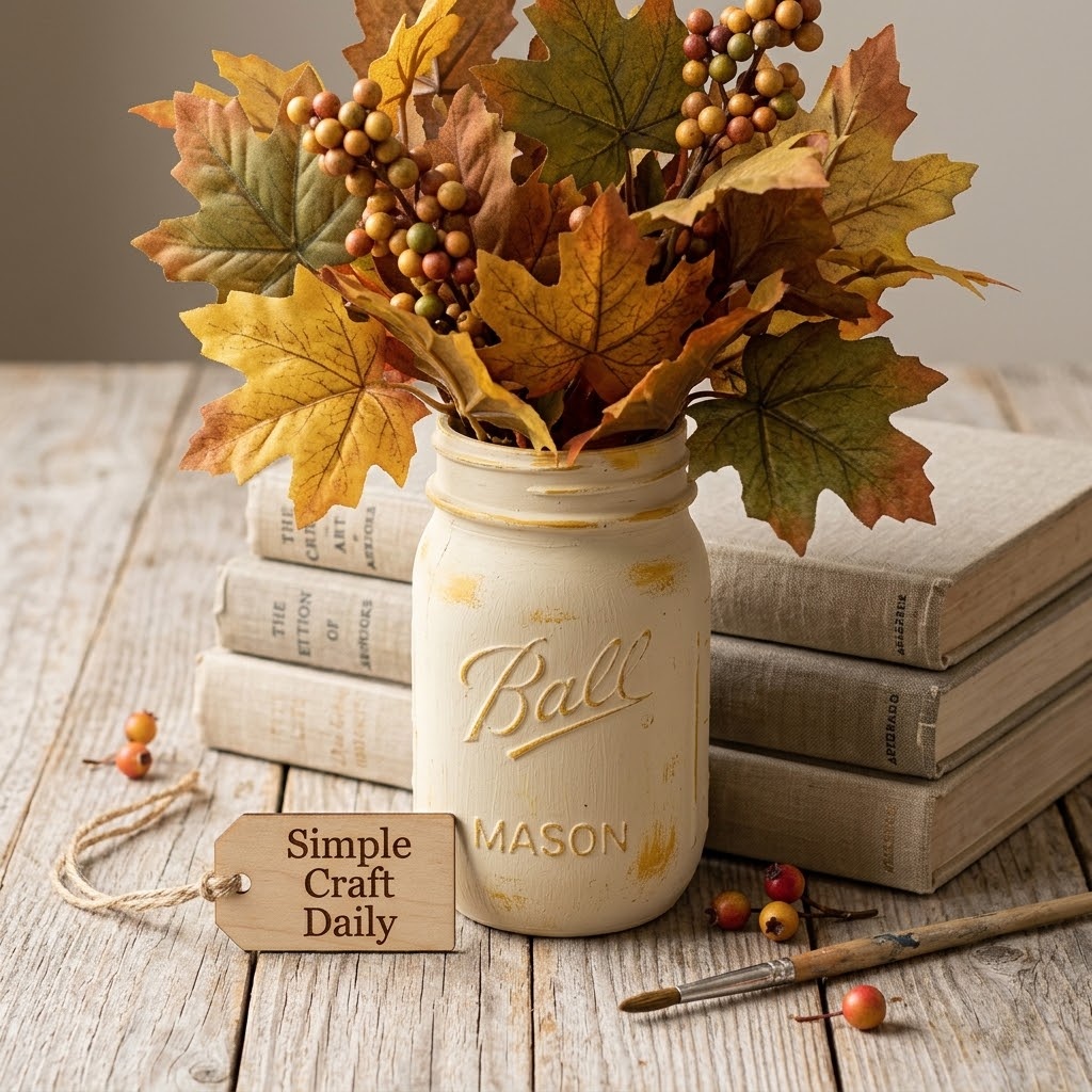 DIY Fall Mason Jars cream painted mason jar vase with faux maple leaves and berry stems
