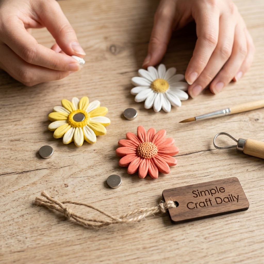 Easy air dry clay crafts painted daisy fridge magnets with small disc magnets