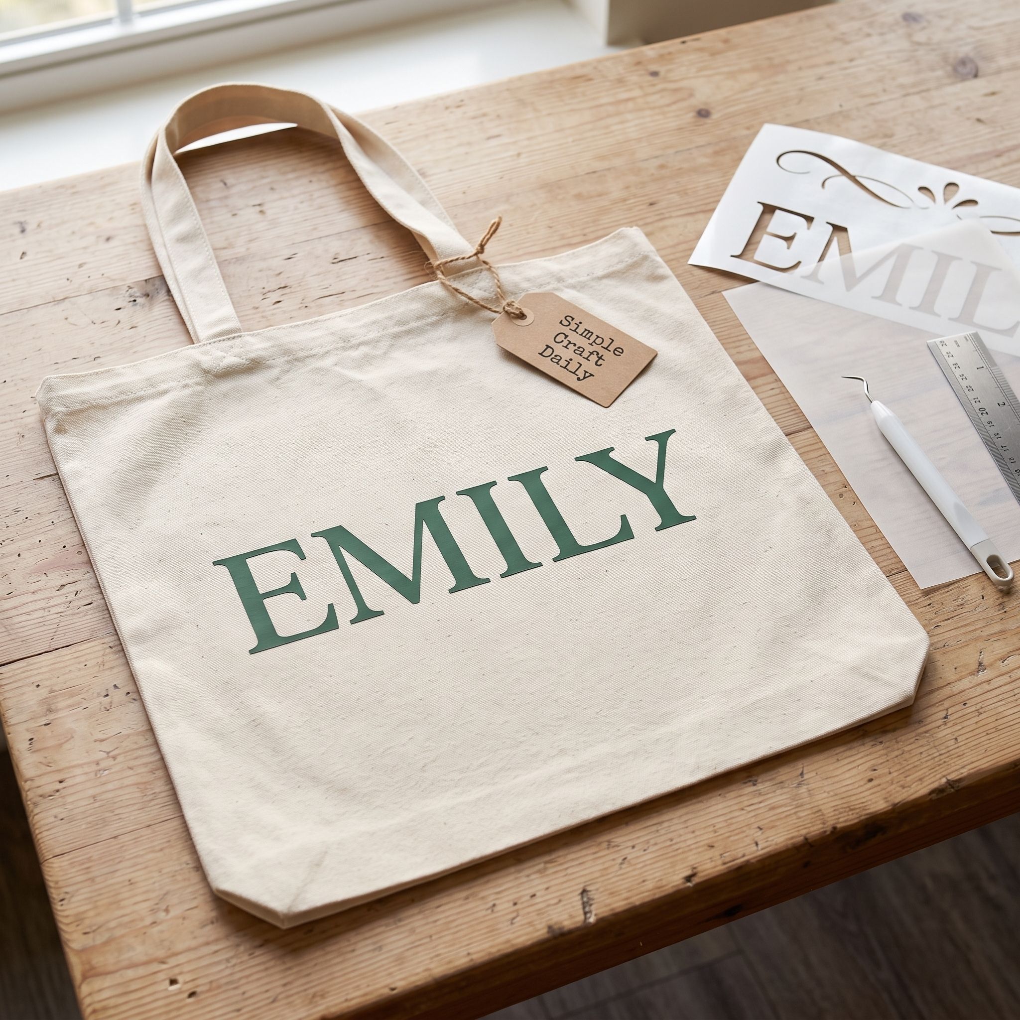 DIY personalized tote bag with a forest-green iron-on vinyl name