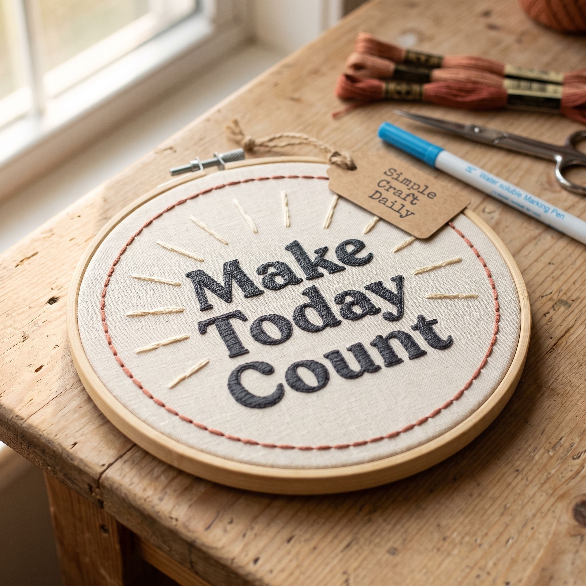 DIY embroidered wall art with Make Today Count lettering and terracotta border