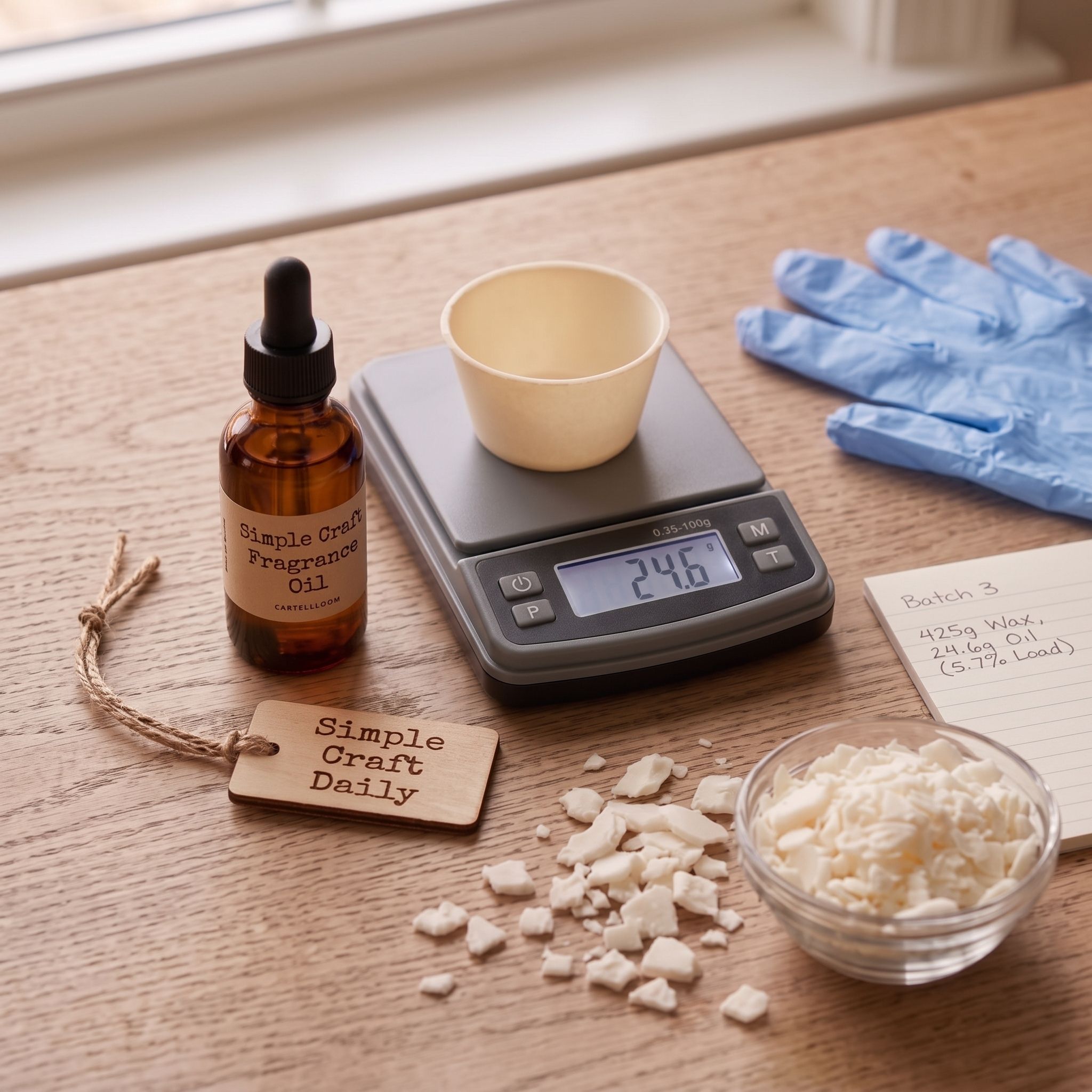 Amber candle fragrance oil bottle and precisely weighed fragrance portion beside soy wax flakes