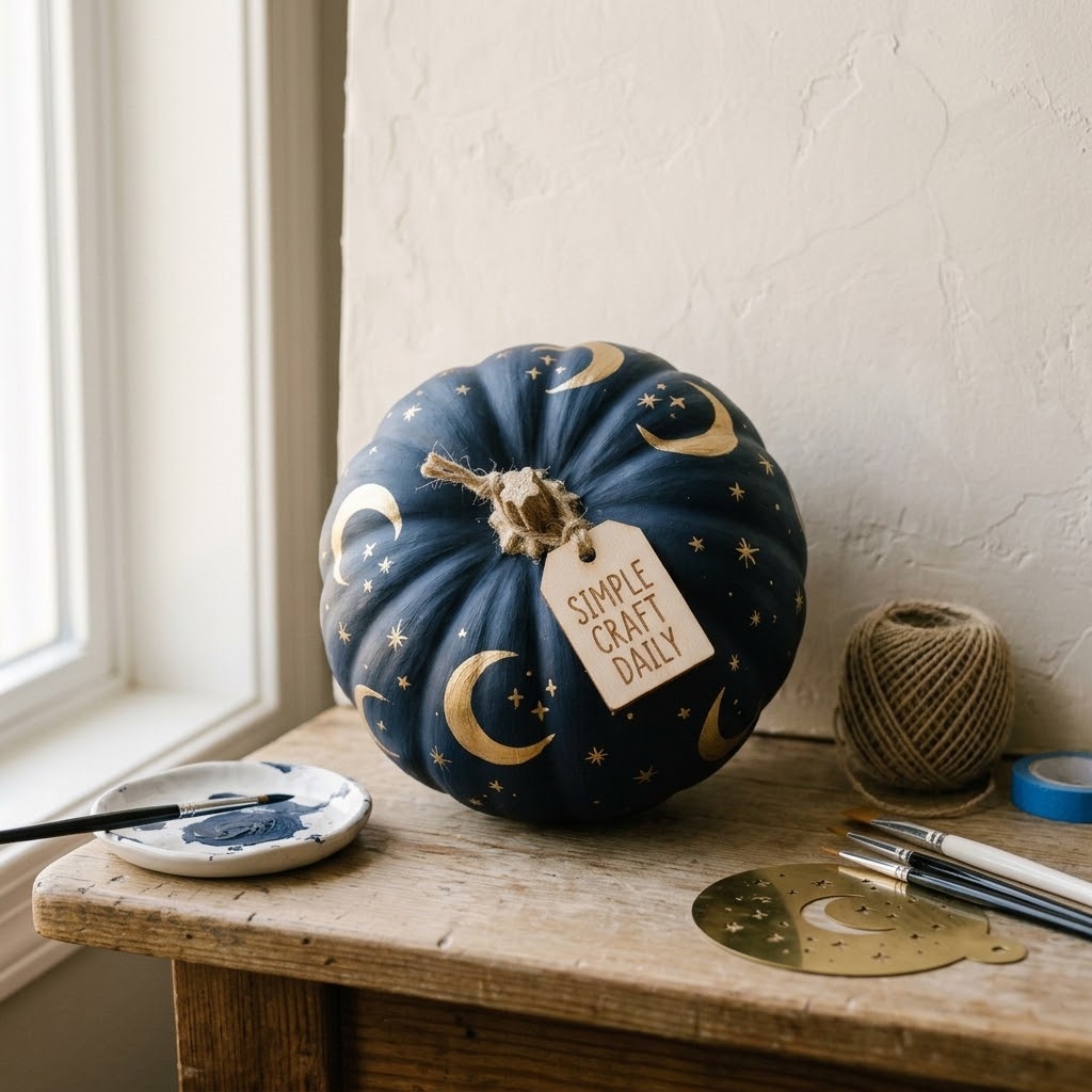Pumpkin painting ideas in midnight blue with gold stars and crescent moons