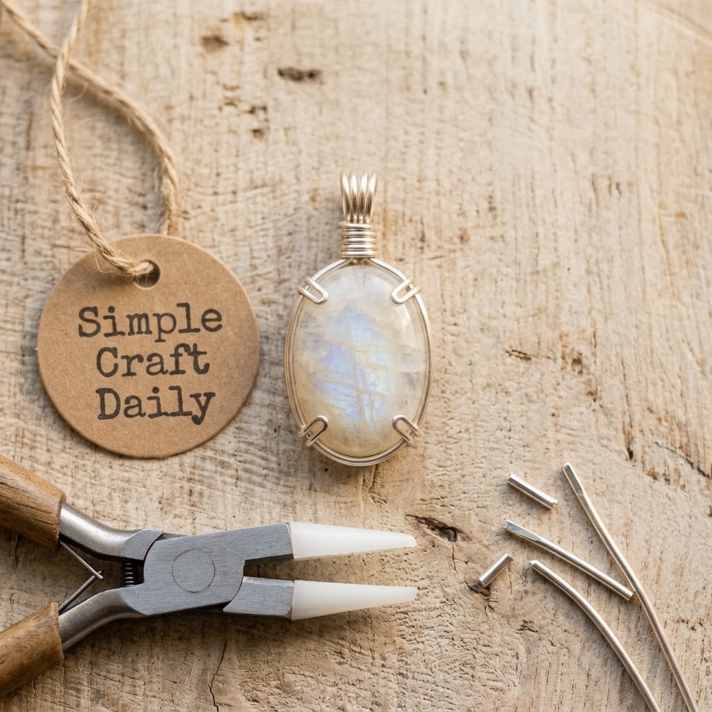 DIY wire wrap pendant showing a moonstone cabochon in a silver four-prong frame