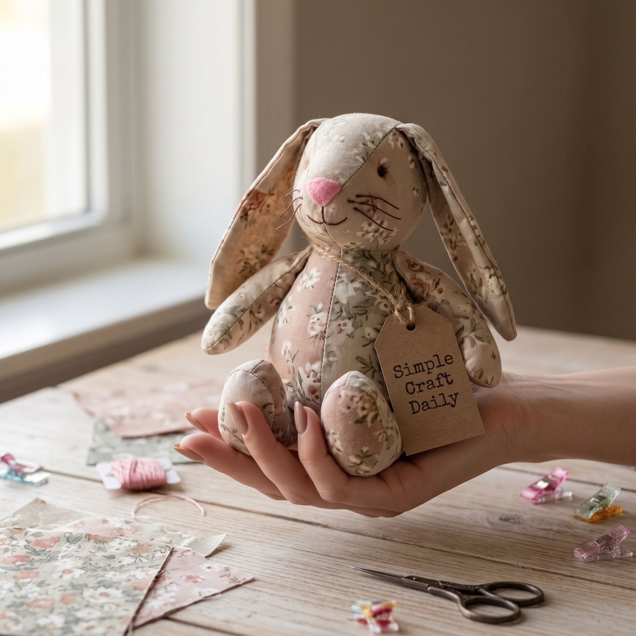 DIY Handmade Stuffed Animals patchwork bunny with floppy ears and embroidered whiskers