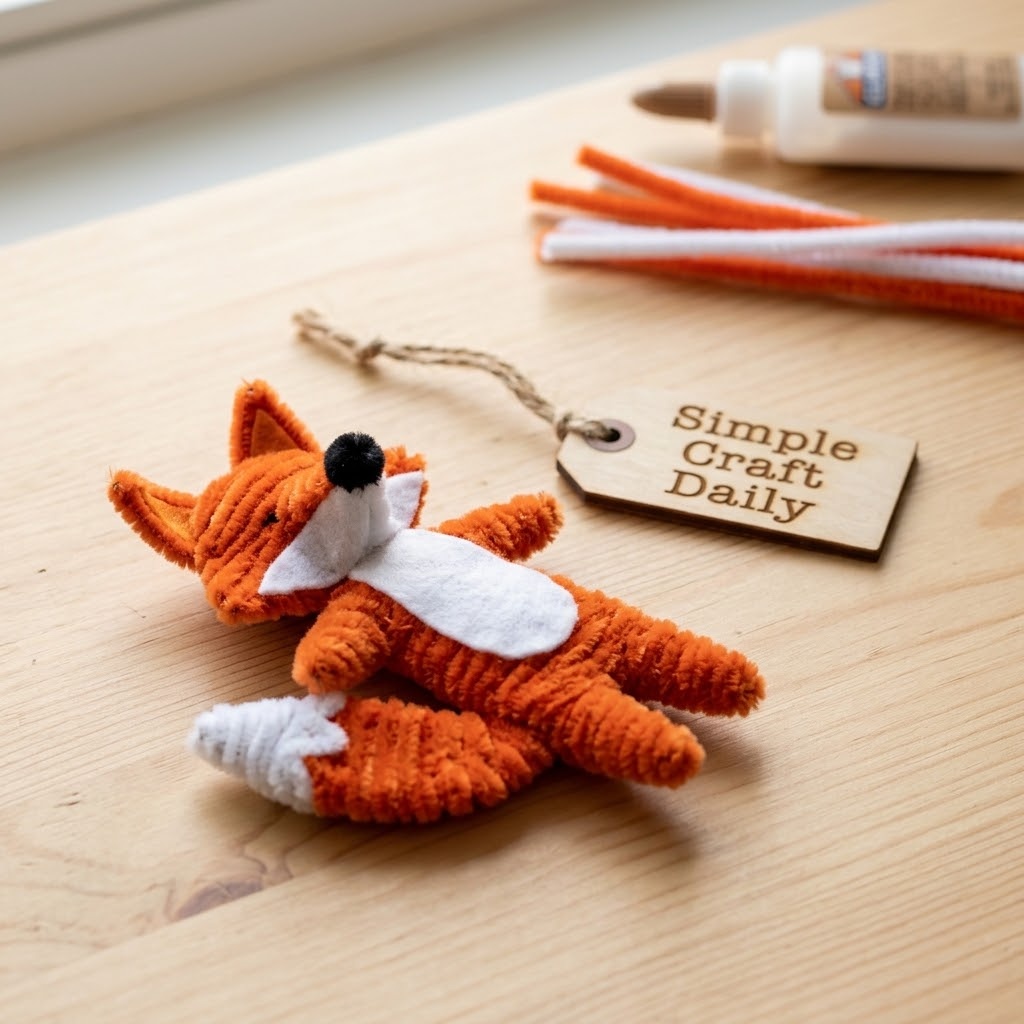 DIY pipe cleaner animals fox with orange chenille body, white chest patch, and curled tail