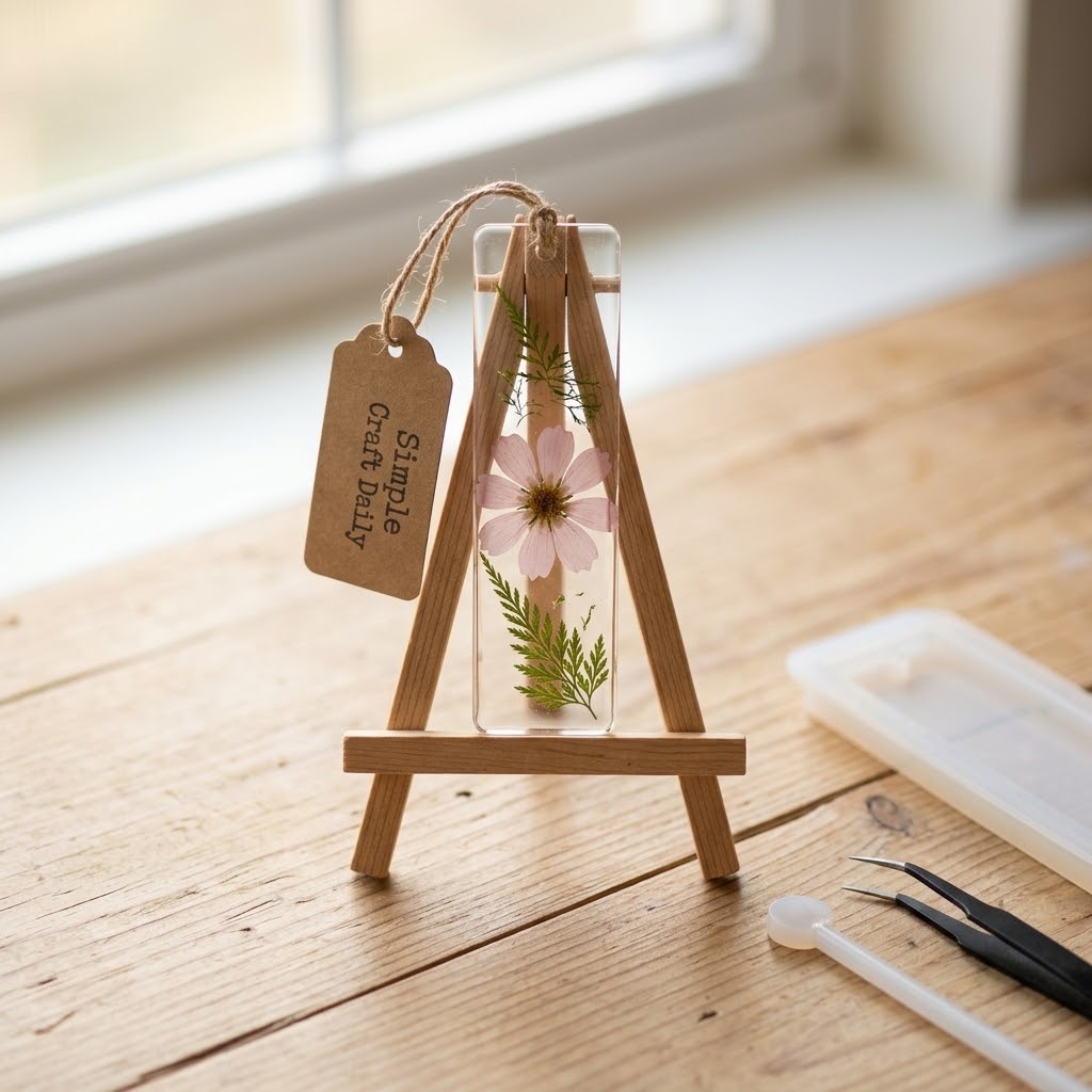 Botanical DIY decor clear resin bookmark with a pink pressed cosmos and fern