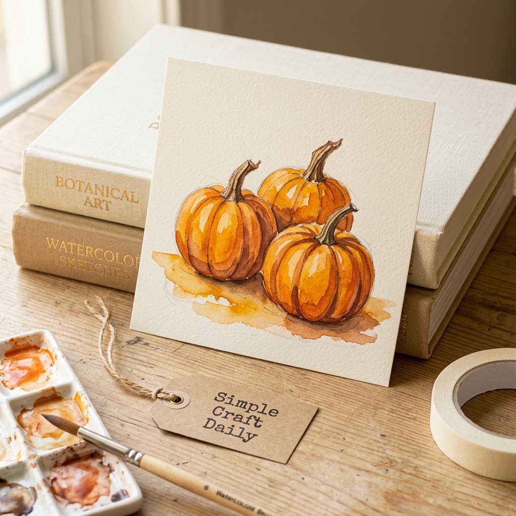 DIY autumn watercolor ideas featuring three glowing orange pumpkins with curved painted shadows.