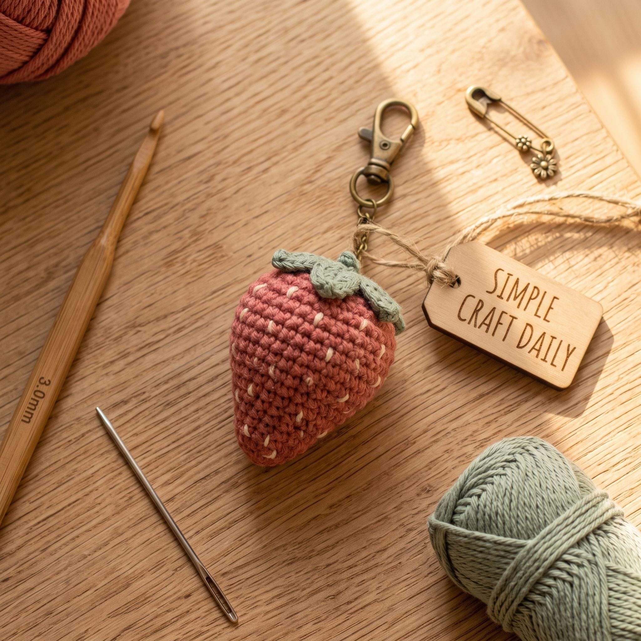 Dusty red strawberry DIY crochet keychain with sage leaf cap and embroidered seeds