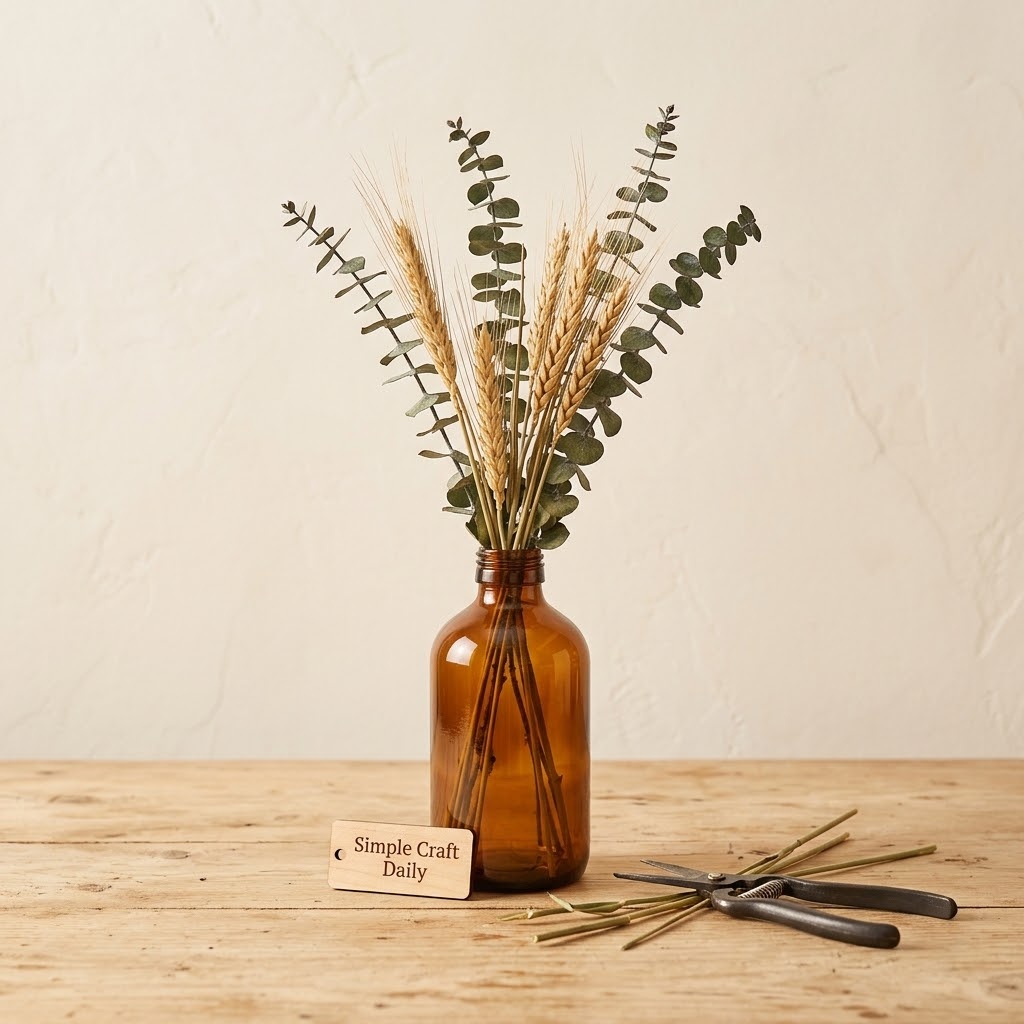 DIY Fall Decor amber bottle with dried wheat and eucalyptus on a warm wood table