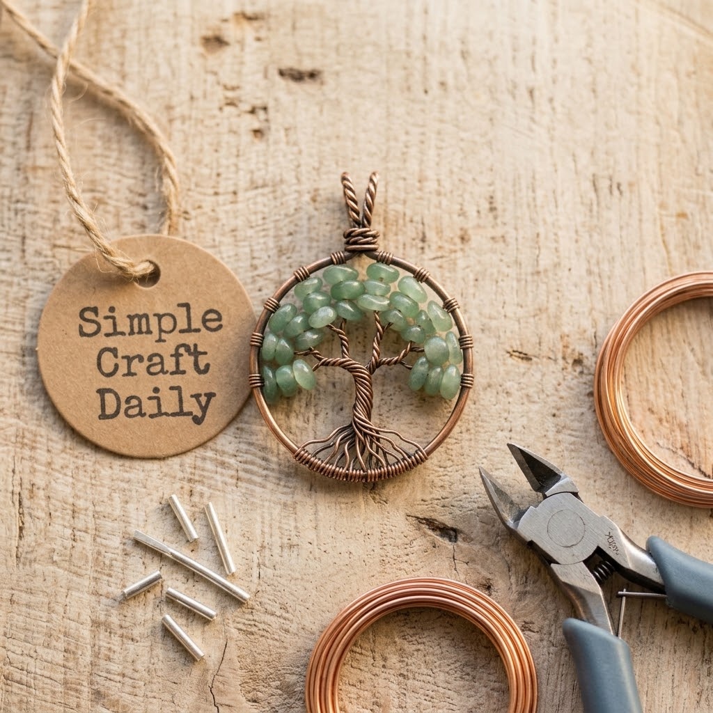 Copper tree of life pendant with green aventurine cabochon and twisted wire branches