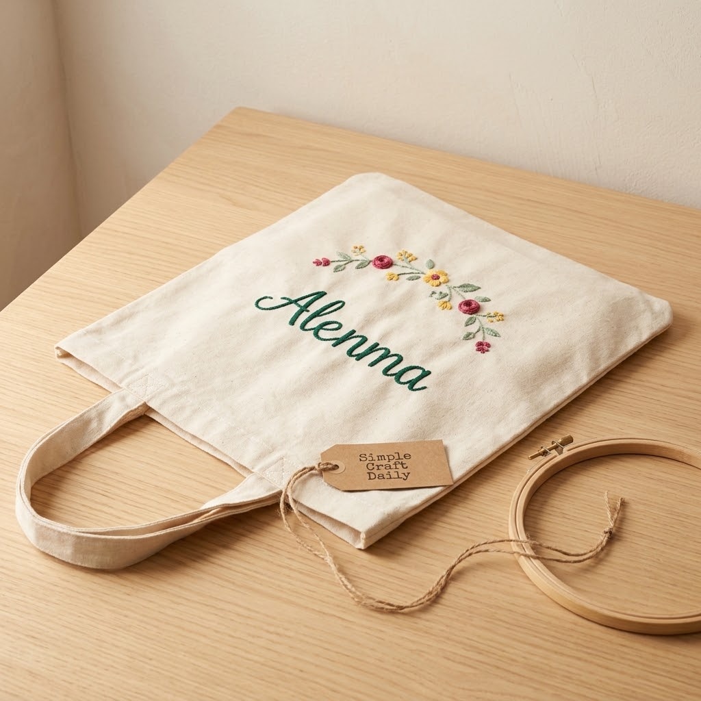 Embroidered floral name design on an ivory cotton canvas tote