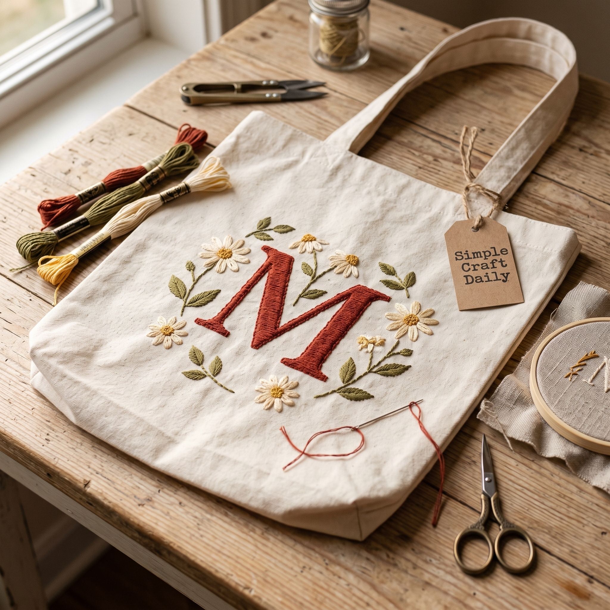 Hand-embroidered canvas tote with a rust-red initial and tiny wildflowers