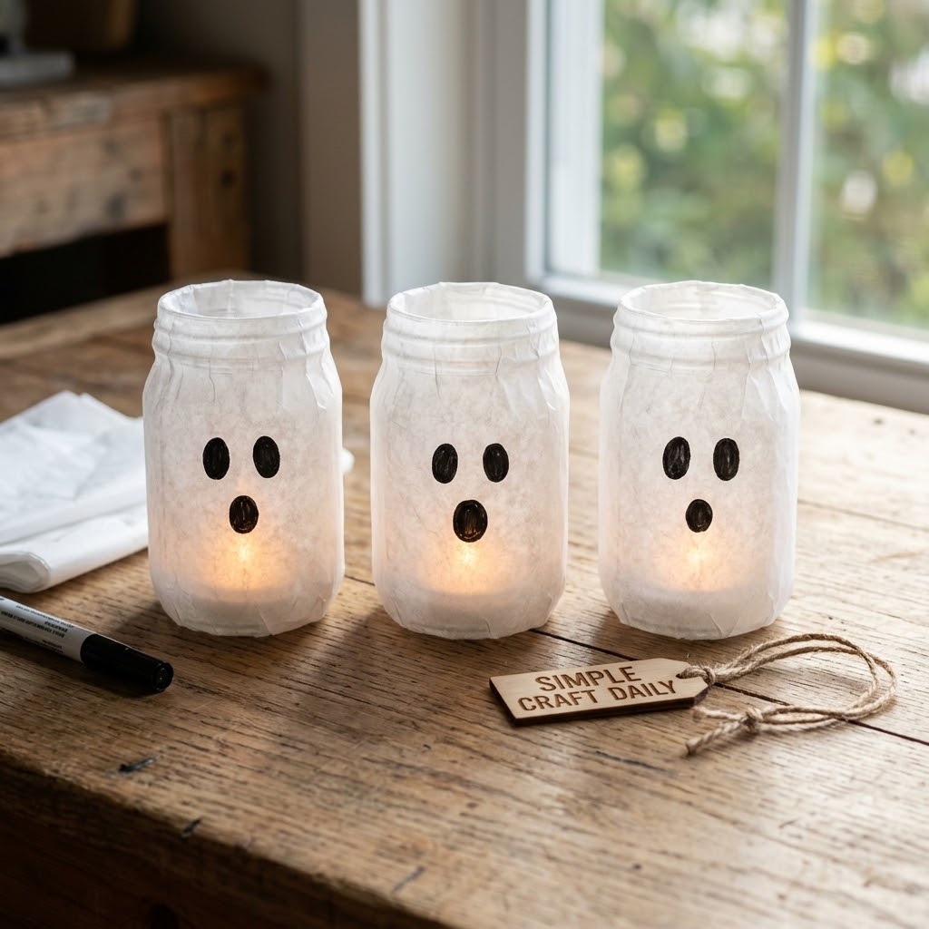 DIY cute Halloween decorations showing glowing friendly ghost mason jar luminaries