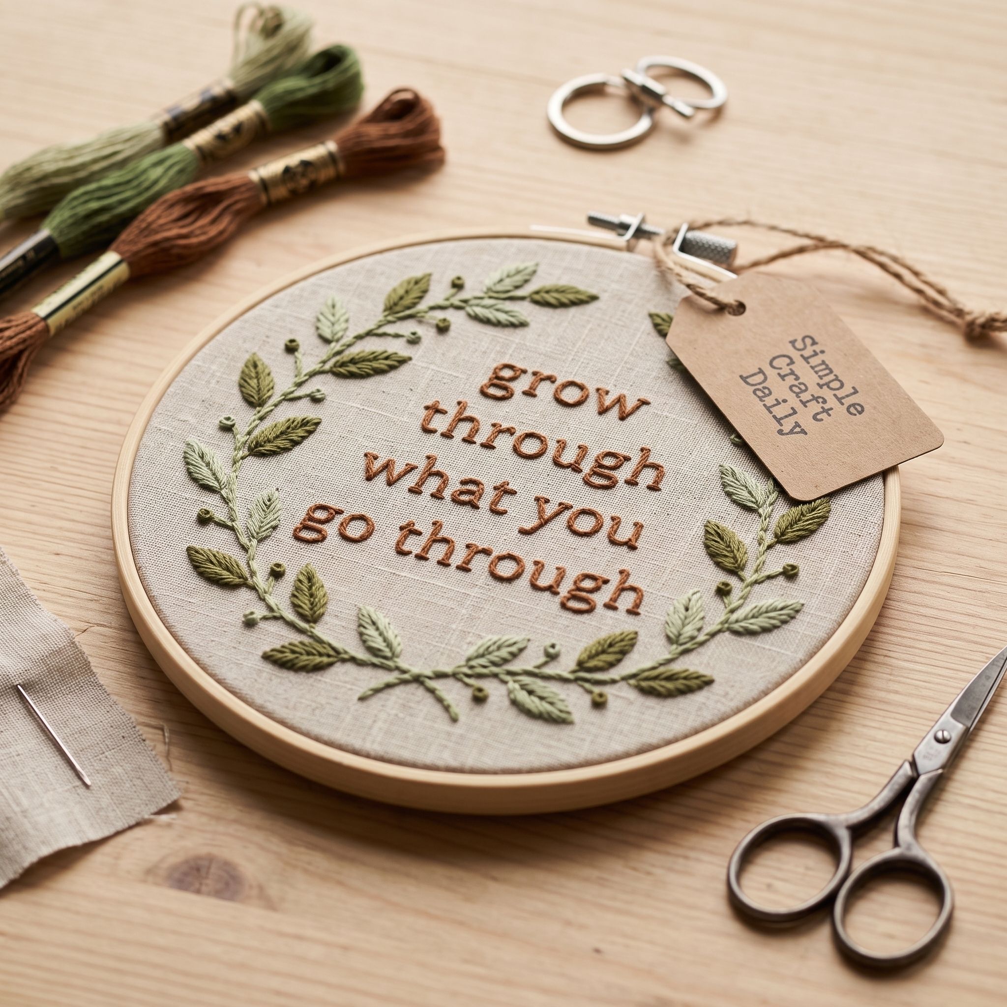 DIY embroidered wall art quote hoop with a sage climbing vine and lowercase lettering