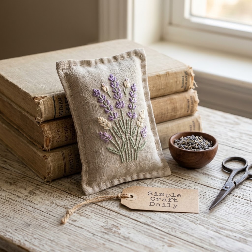 Slow stitching projects lavender sachet with a botanical hand-stitched motif