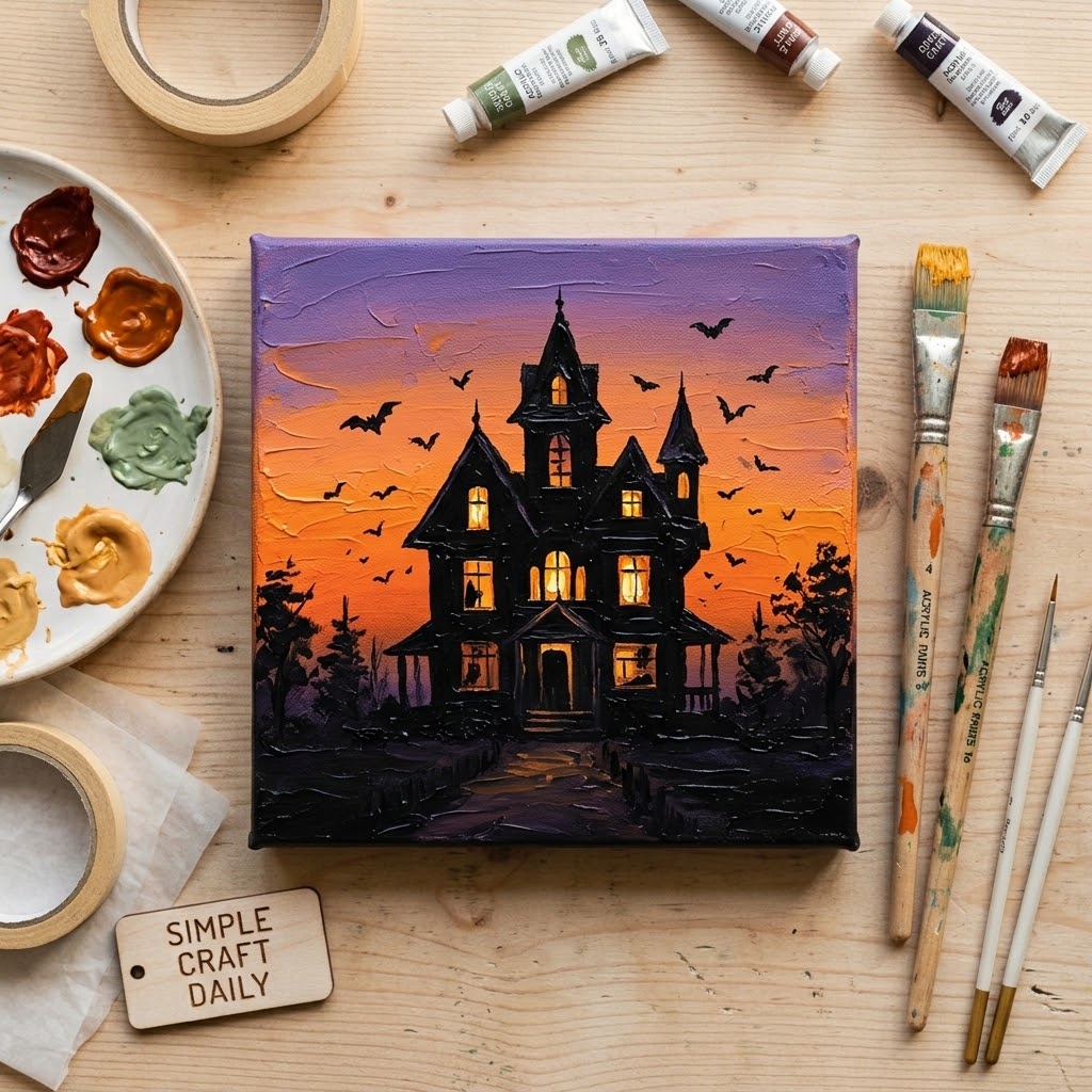 DIY fall canvas paintings haunted house silhouette at violet sunset