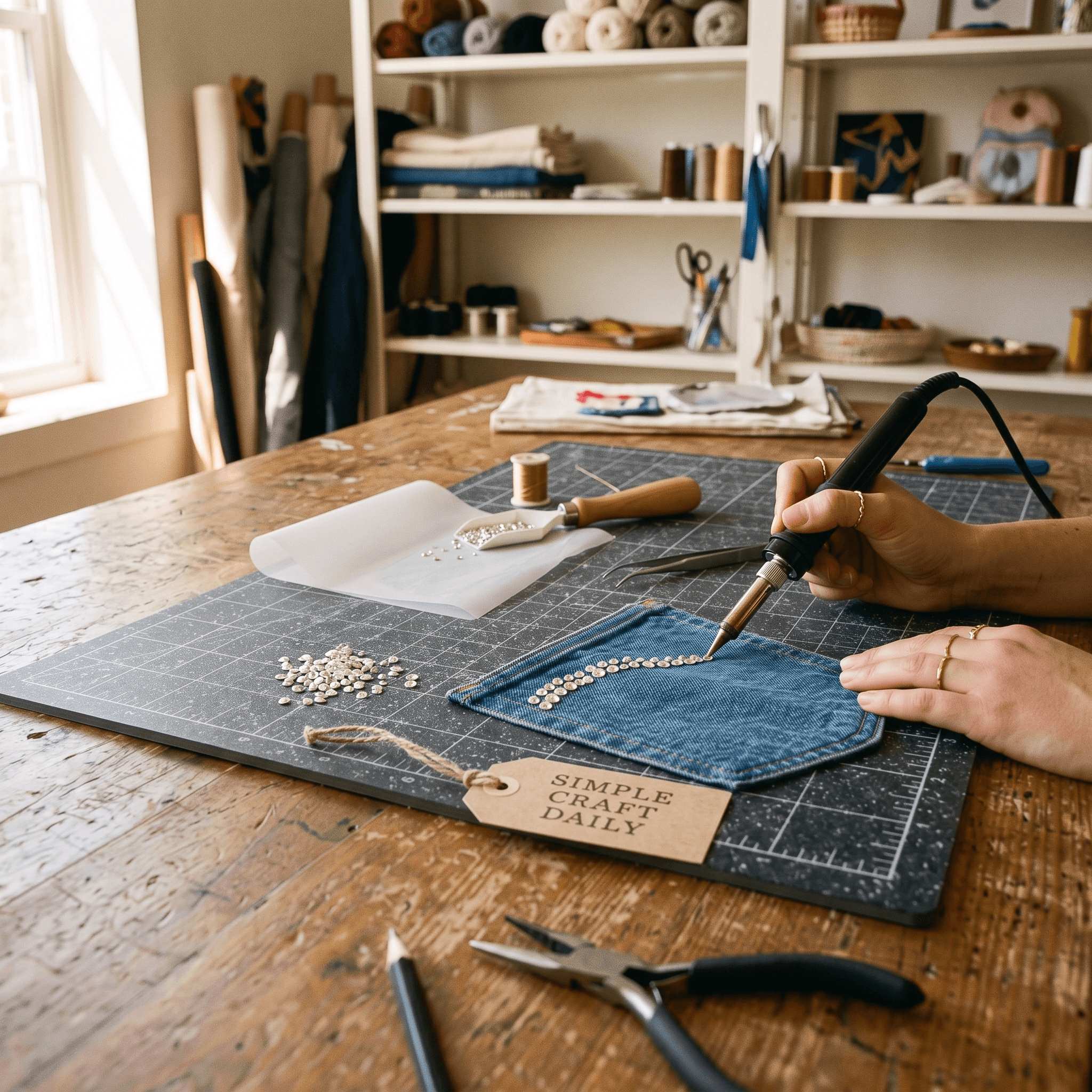 Artisan using a heat applicator tool to set rhinestones onto a blue denim pocket.