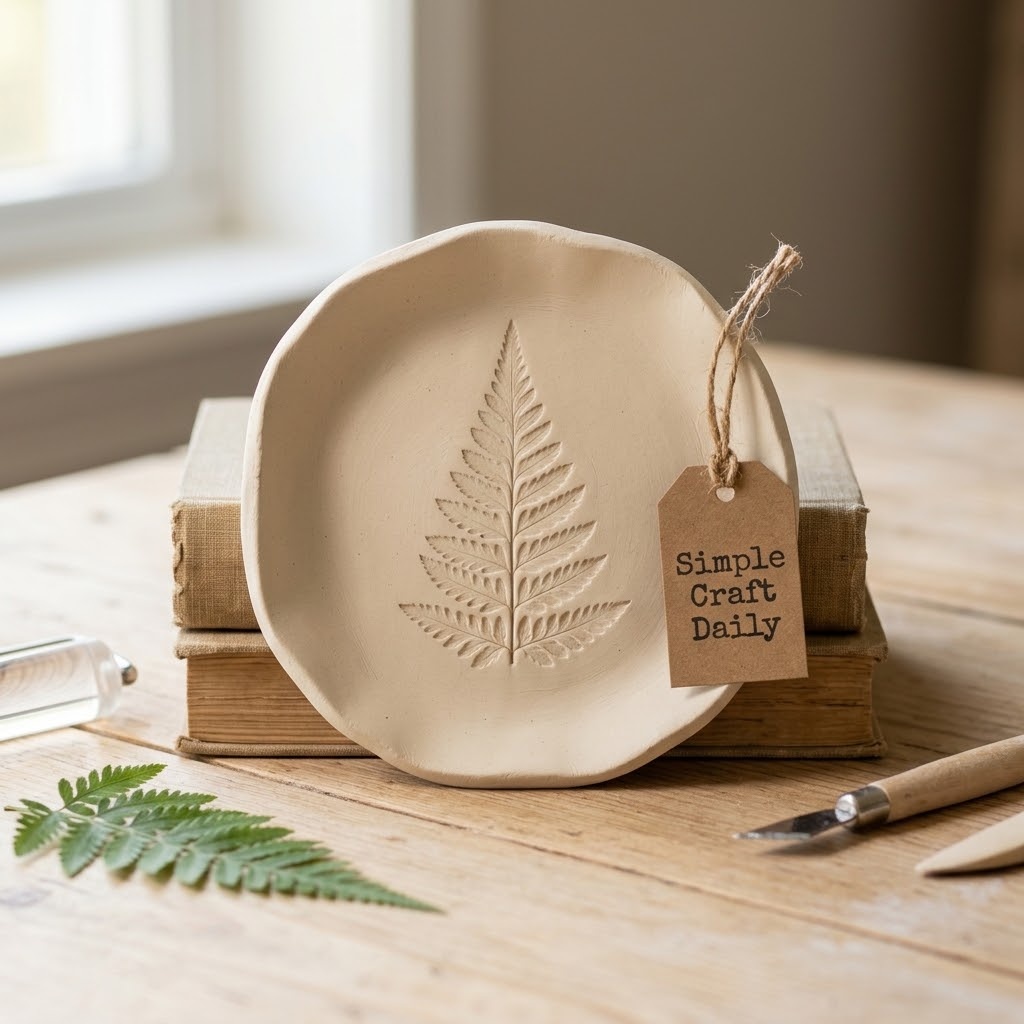 Botanical DIY decor ivory clay trinket dish with a detailed fern leaf imprint