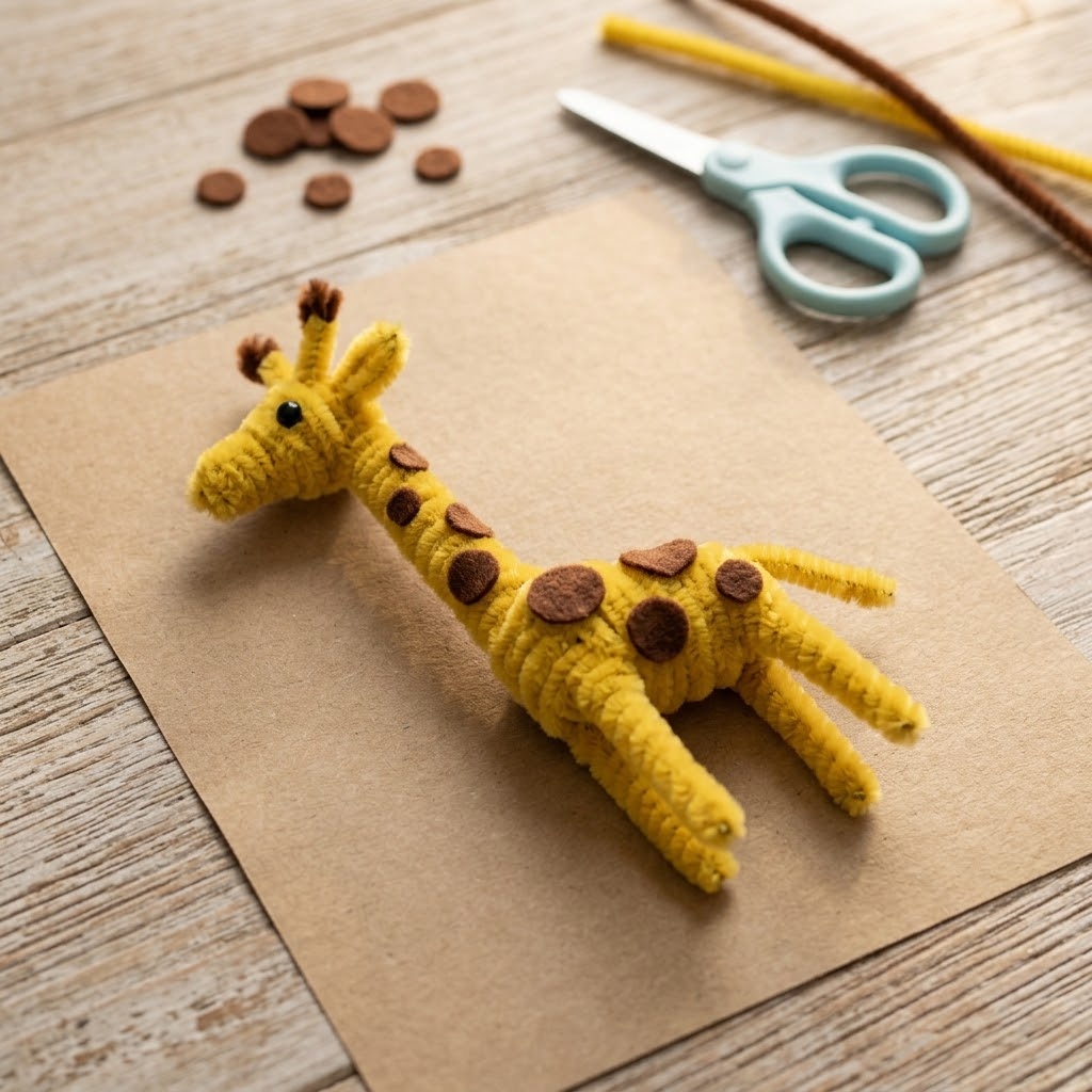 DIY pipe cleaner animals giraffe with yellow chenille body and brown felt spots