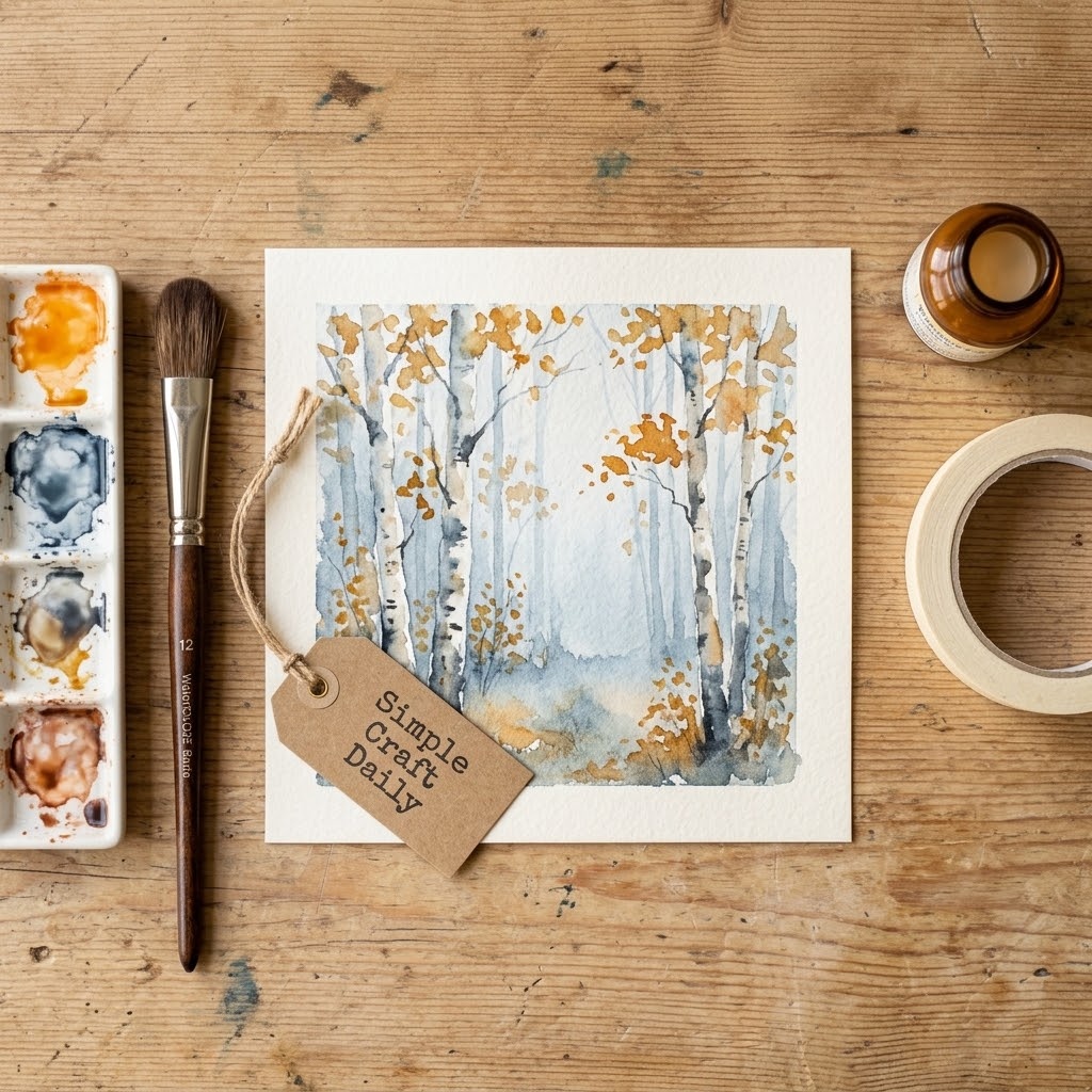 DIY autumn watercolor ideas with a misty birch grove and soft amber foliage.