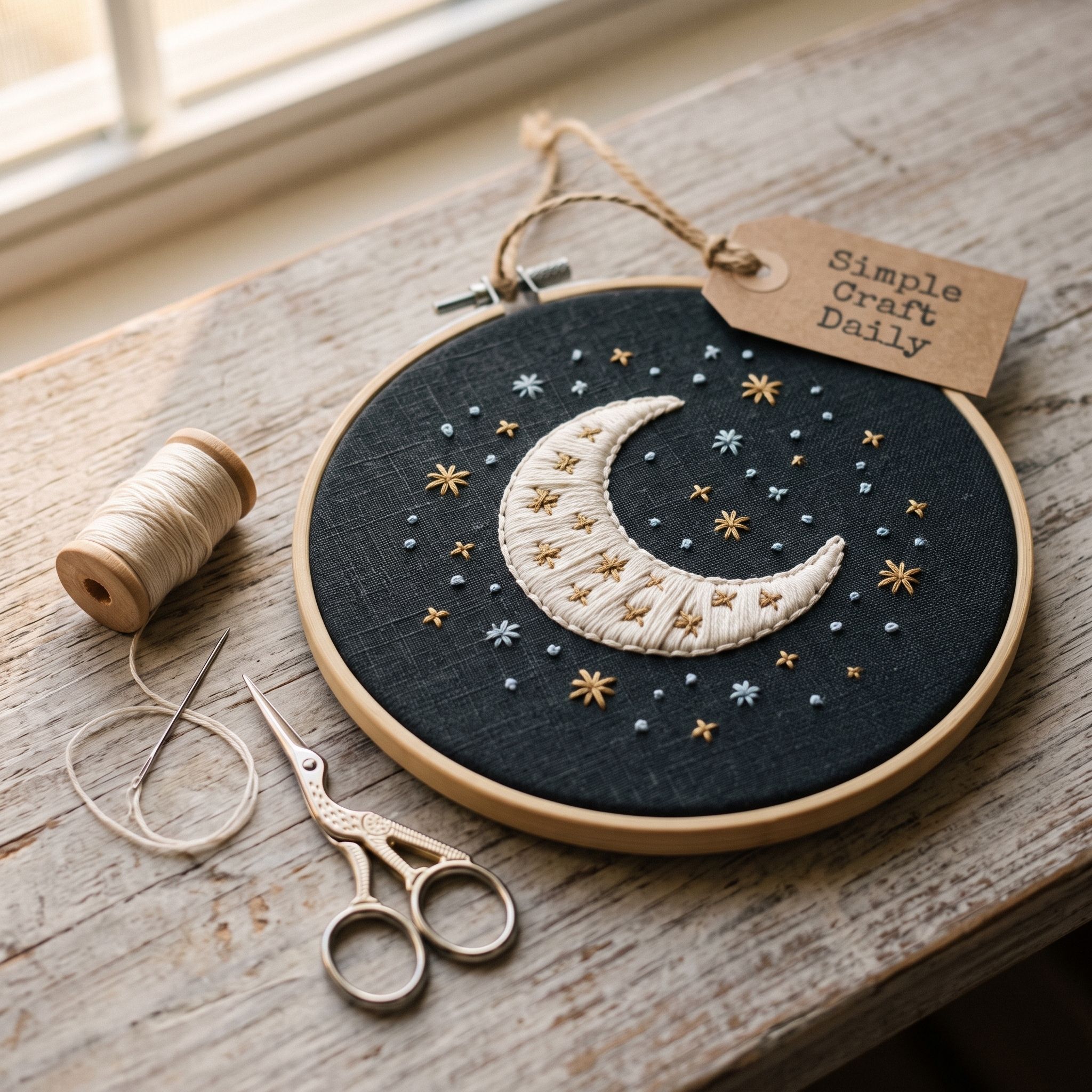 Cream embroidered crescent moon and tiny gold stars on charcoal linen