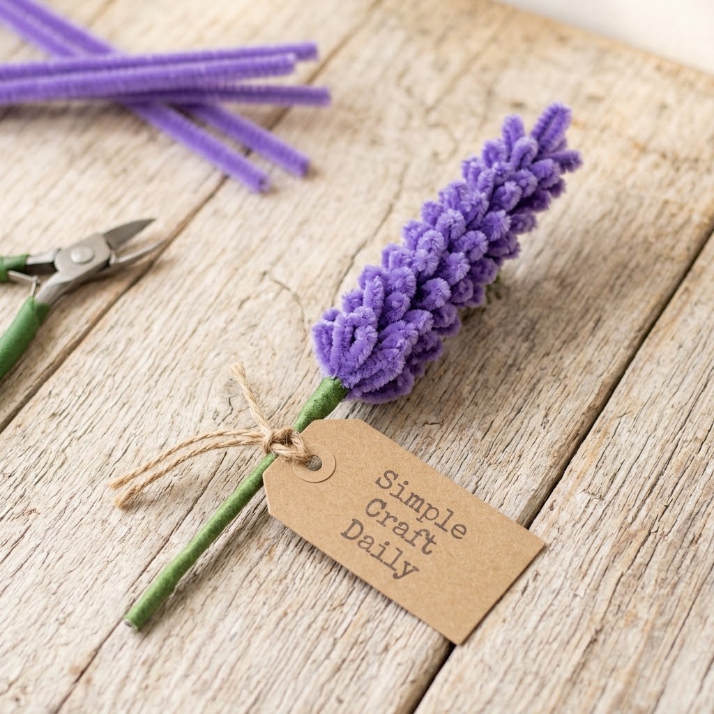 Purple chenille lavender sprig with tiny looped blossoms on a green stem