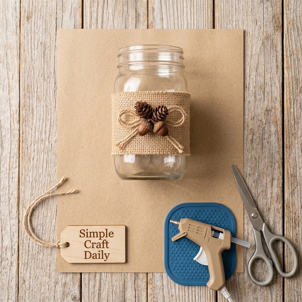 Rustic burlap banded mason jar with jute bow and small acorn cluster