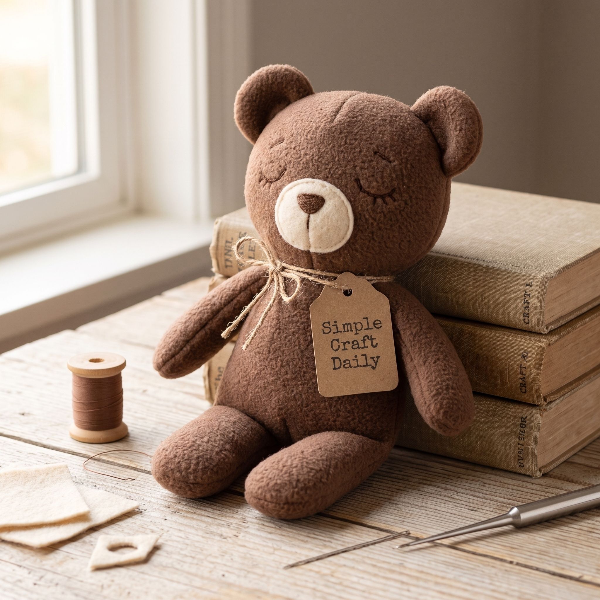 DIY Handmade Stuffed Animals sleepy brown fleece bear with embroidered face