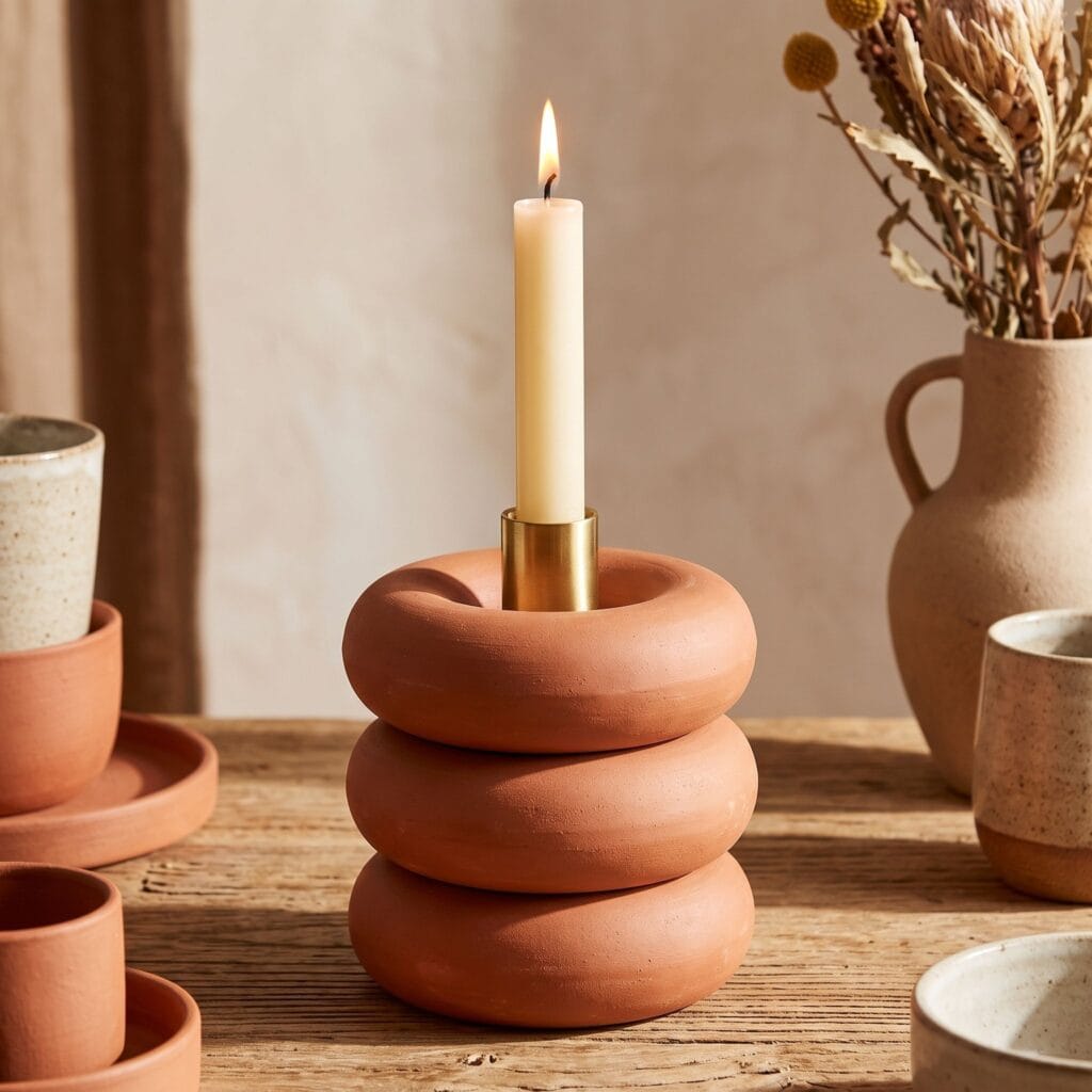 Sculptural DIY candle holder made of three stacked terracotta-painted clay donut rings with a brass insert at the top.