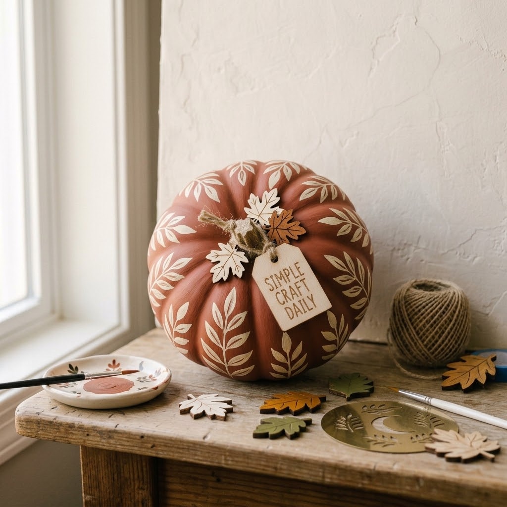 Pumpkin Painting Ideas terracotta pumpkin with hand-painted cream botanical leaves and wood accents