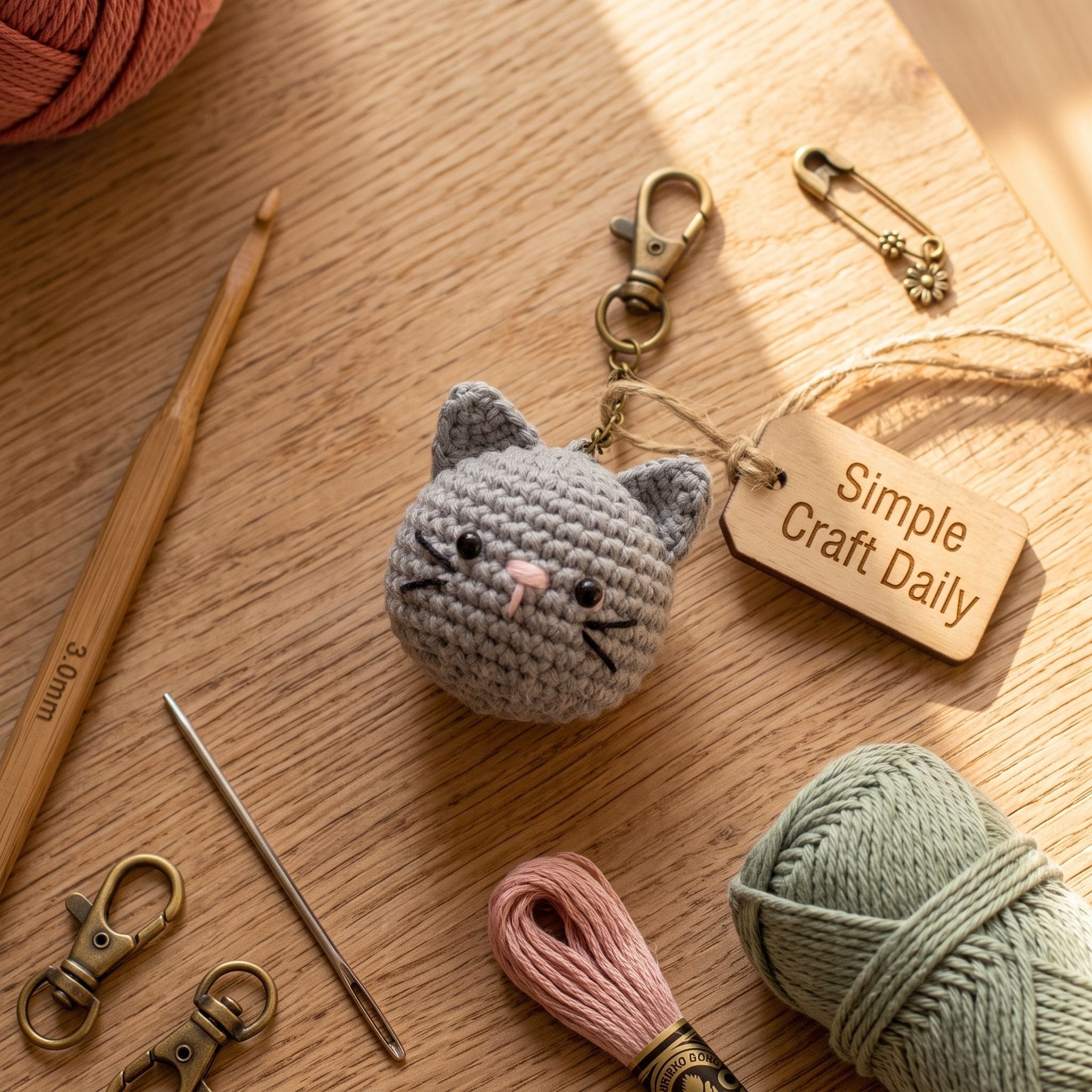 Soft gray tiny cat DIY crochet keychain with stitched whiskers and pointed ears