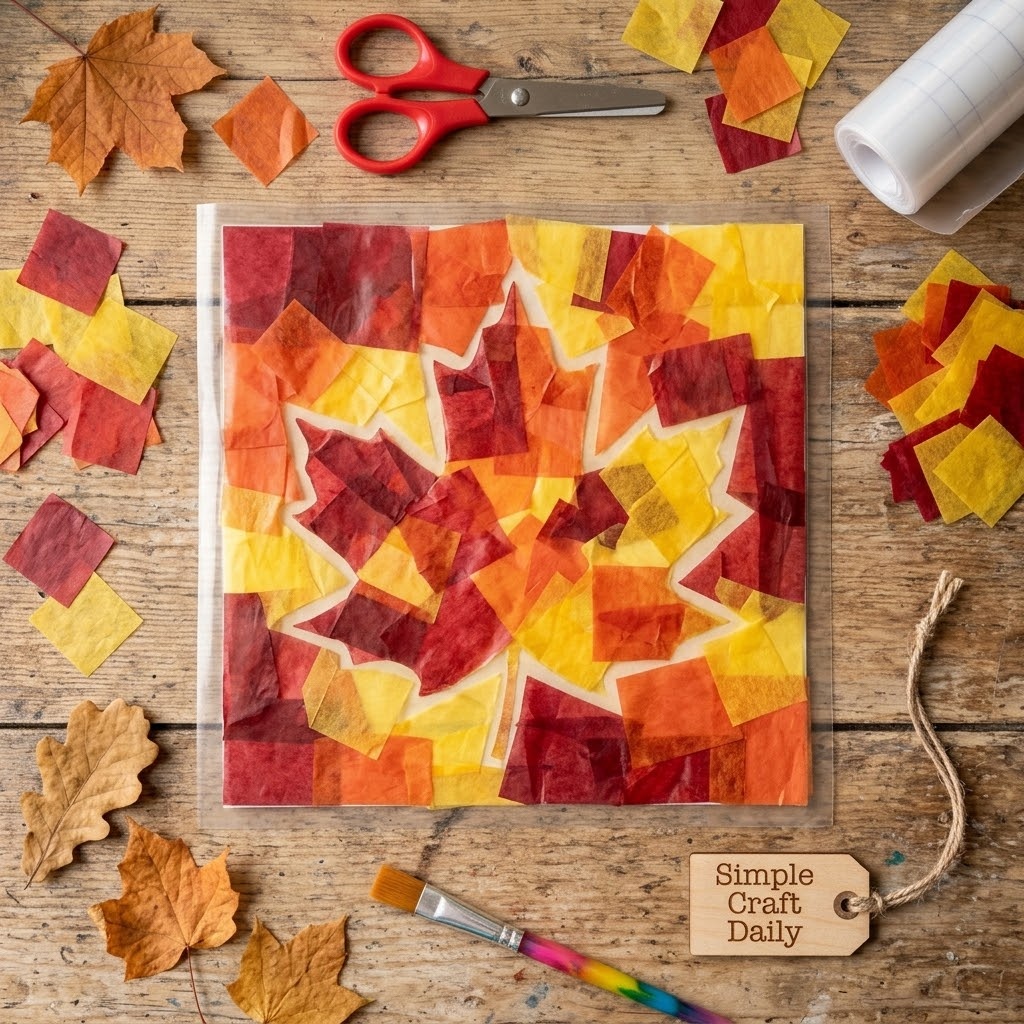 Fall crafts for kindergarten tissue paper leaf suncatcher in warm autumn colors