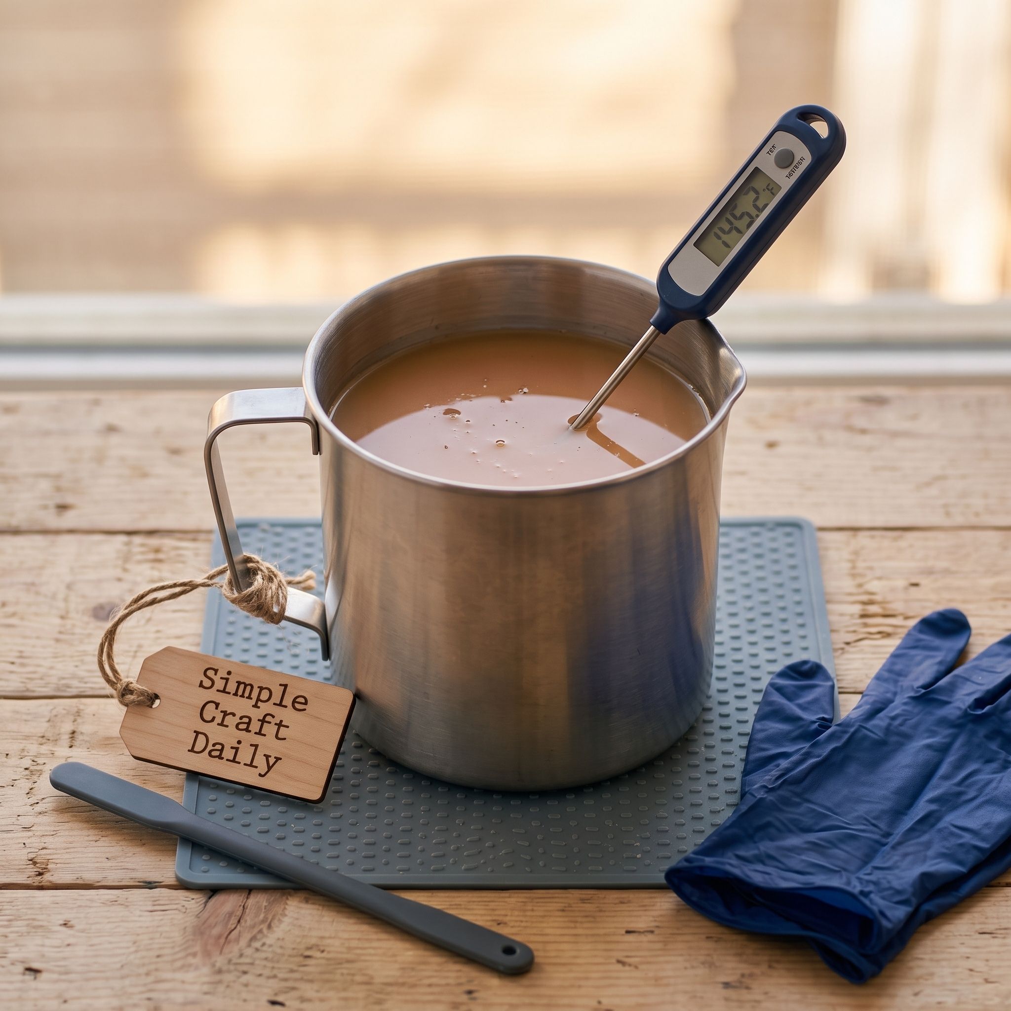 Digital probe thermometer monitoring melted soy wax in a stainless steel pouring pitcher