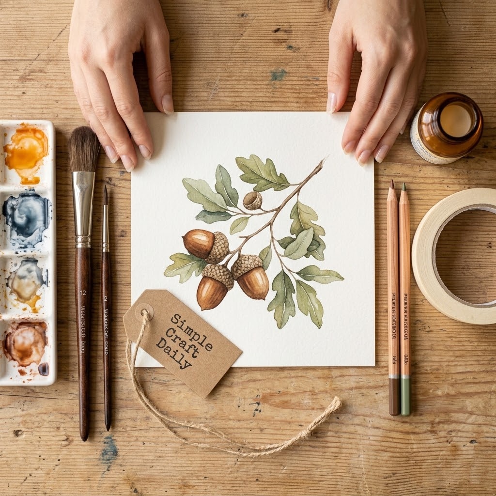 DIY autumn watercolor ideas featuring a detailed acorn branch with sepia twigs and olive leaves.