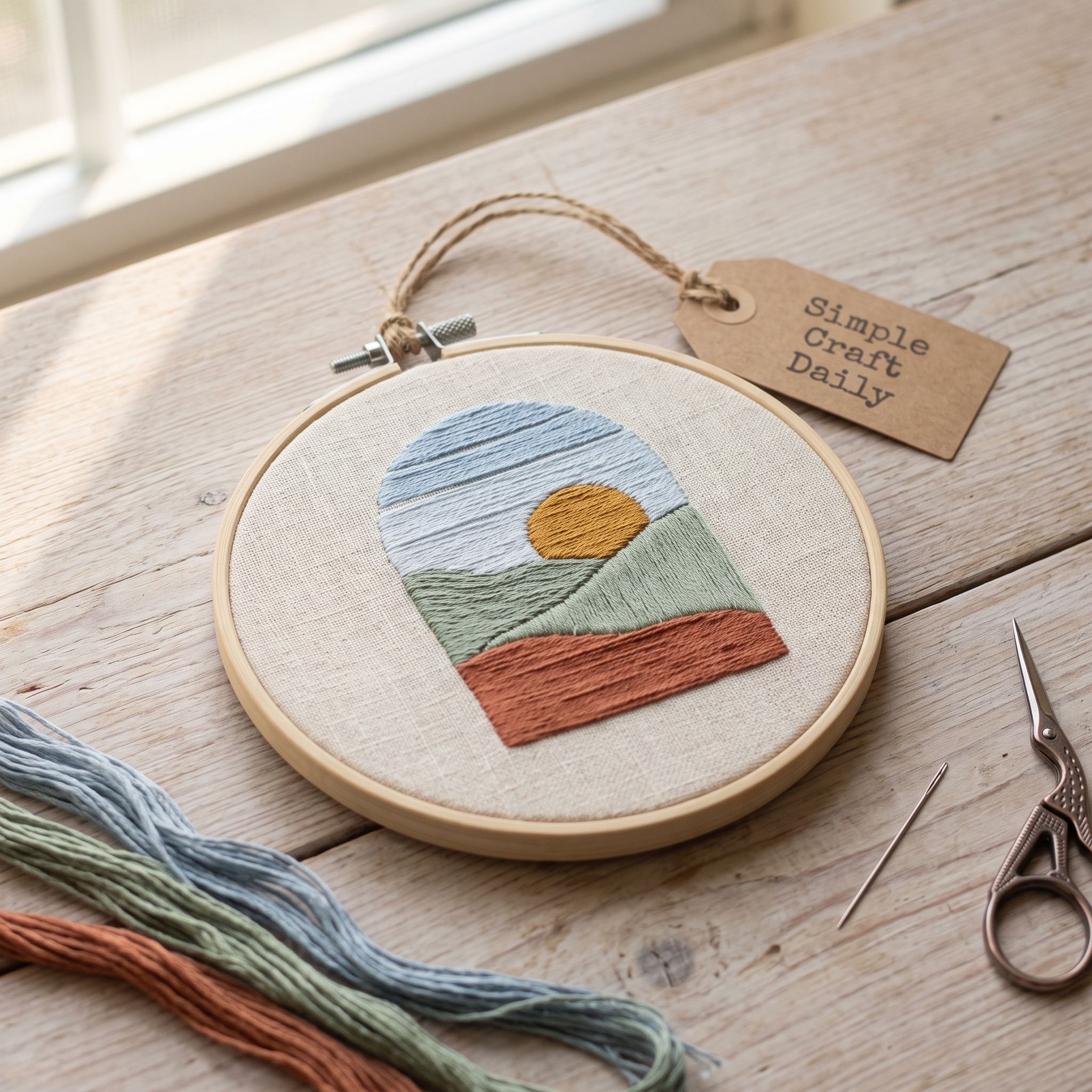 Layered blue, sage, terracotta, and mustard embroidered landscape in a bamboo hoop