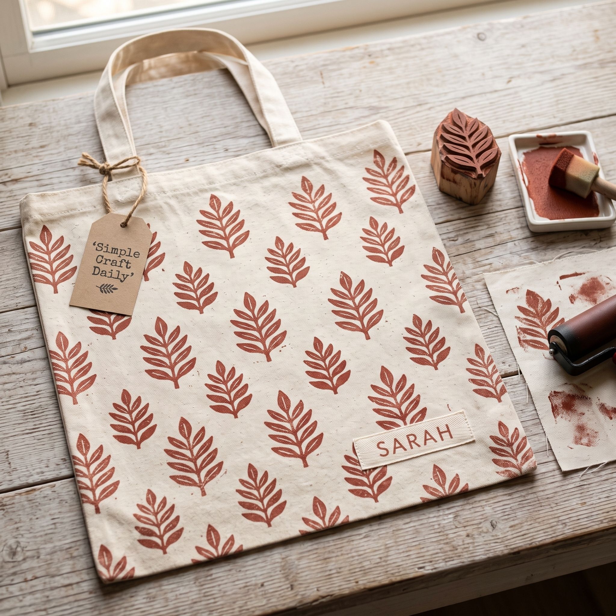 DIY personalized tote bag with repeating terracotta botanical block prints