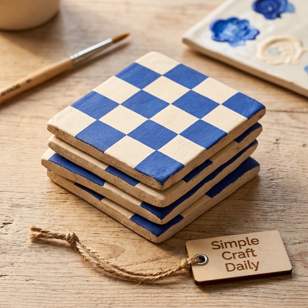 Easy air dry clay crafts cobalt blue and ivory checkerboard coaster set
