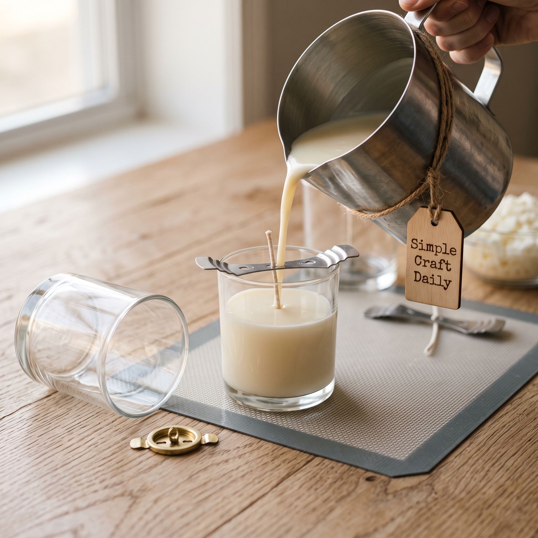 Soy wax pouring slowly into a prepared glass jar with a centered cotton wick