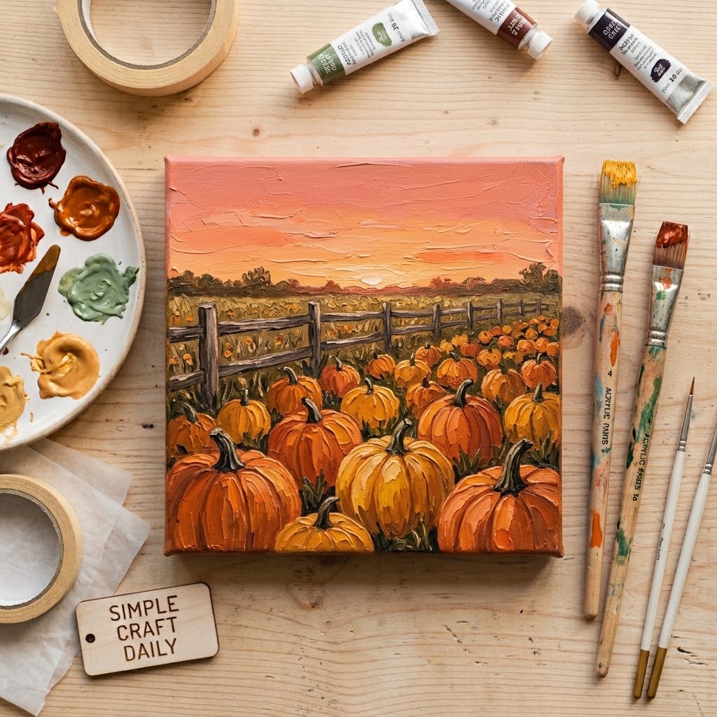DIY fall canvas paintings cozy pumpkin patch at sunset
