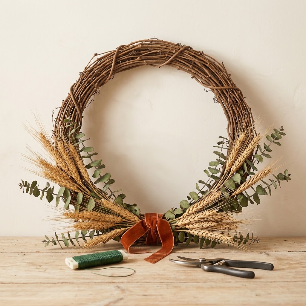 DIY fall decor grapevine half wreath with wheat eucalyptus and velvet ribbon