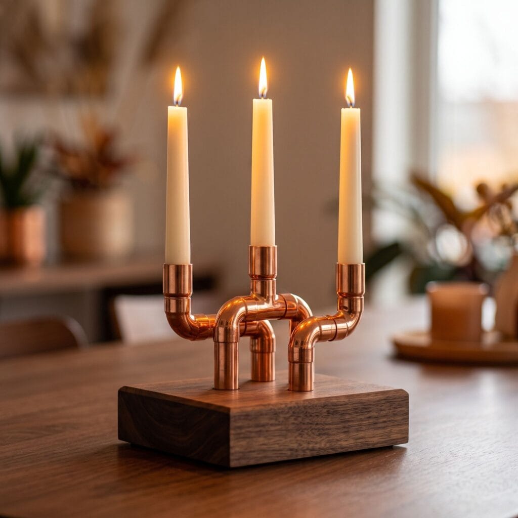 Modern industrial candle holder crafted from polished copper pipe elbow fittings mounted onto a dark natural walnut wood base.