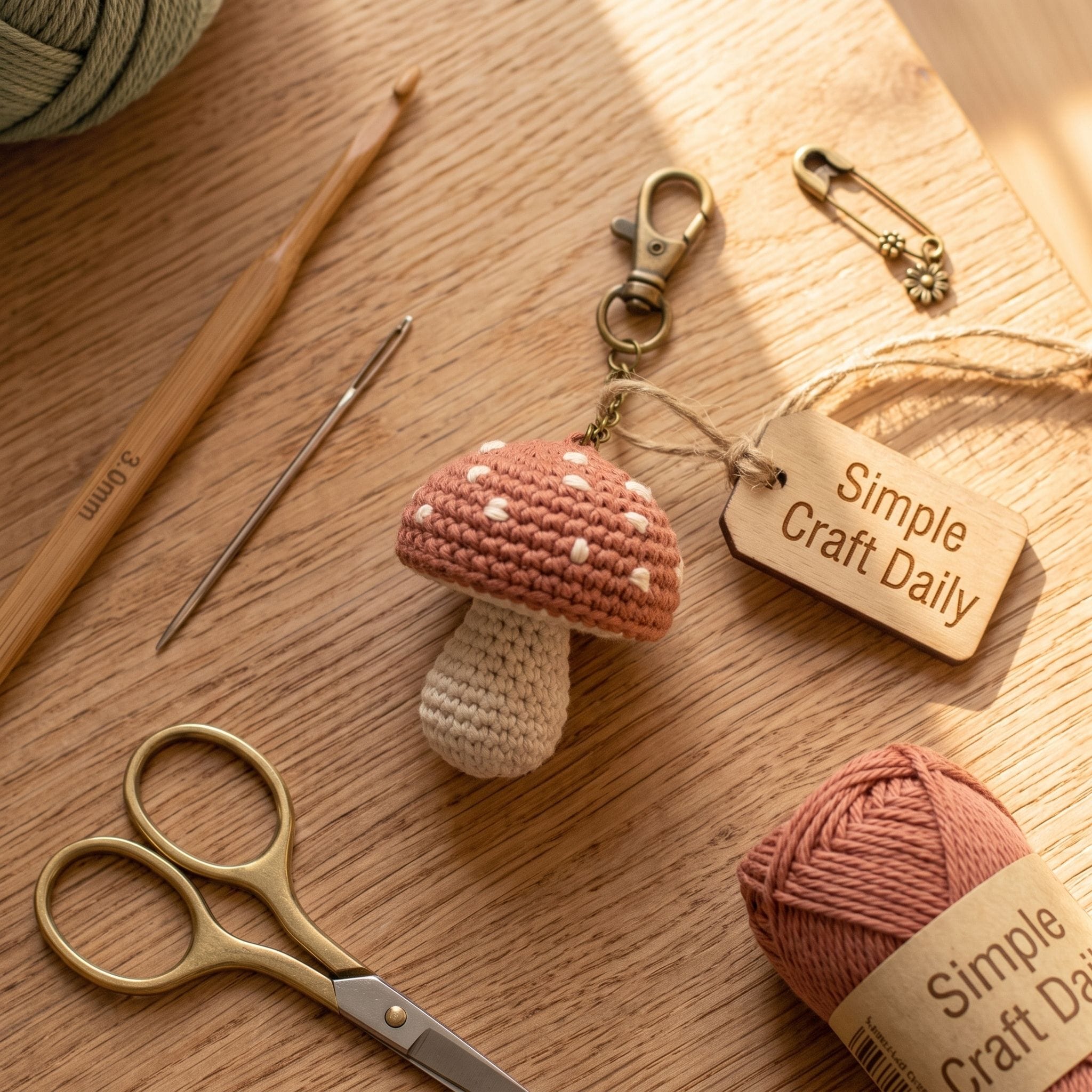 Muted terracotta mushroom DIY crochet keychain with cream stem and embroidered cap spots
