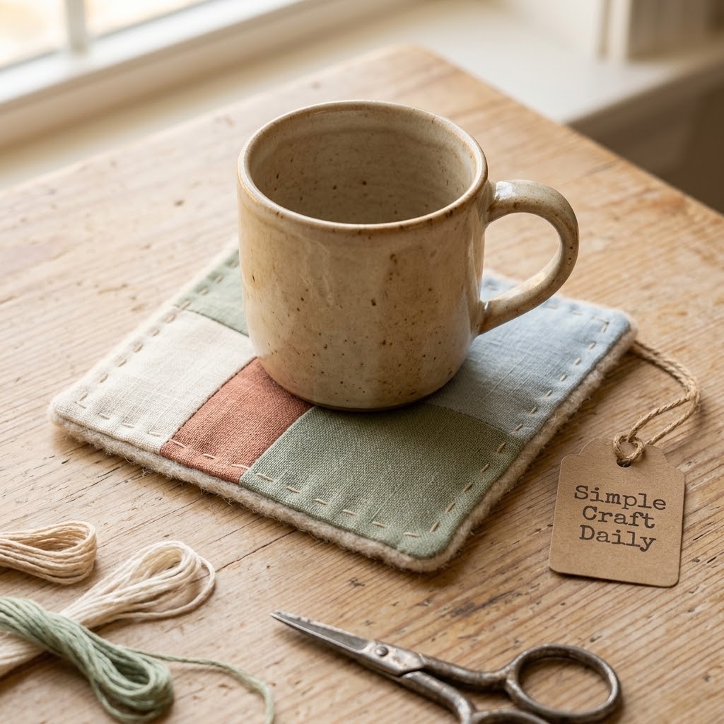 Handmade patchwork fabric coaster with visible running stitches and felt backing