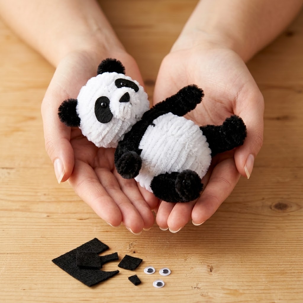 DIY pipe cleaner animals panda with black felt eye patches and round white body