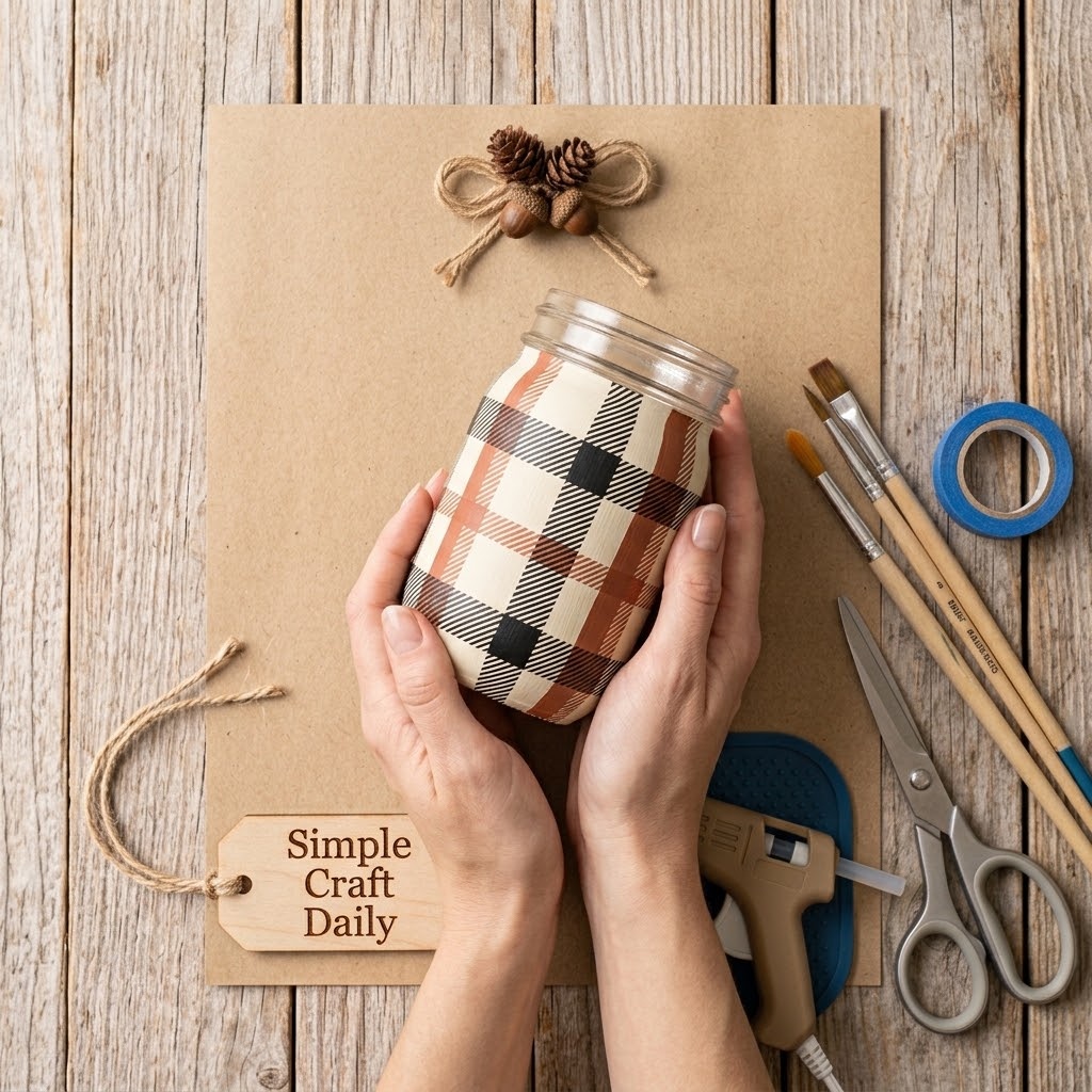 Cream black and terracotta plaid DIY fall mason jar on a wooden craft table