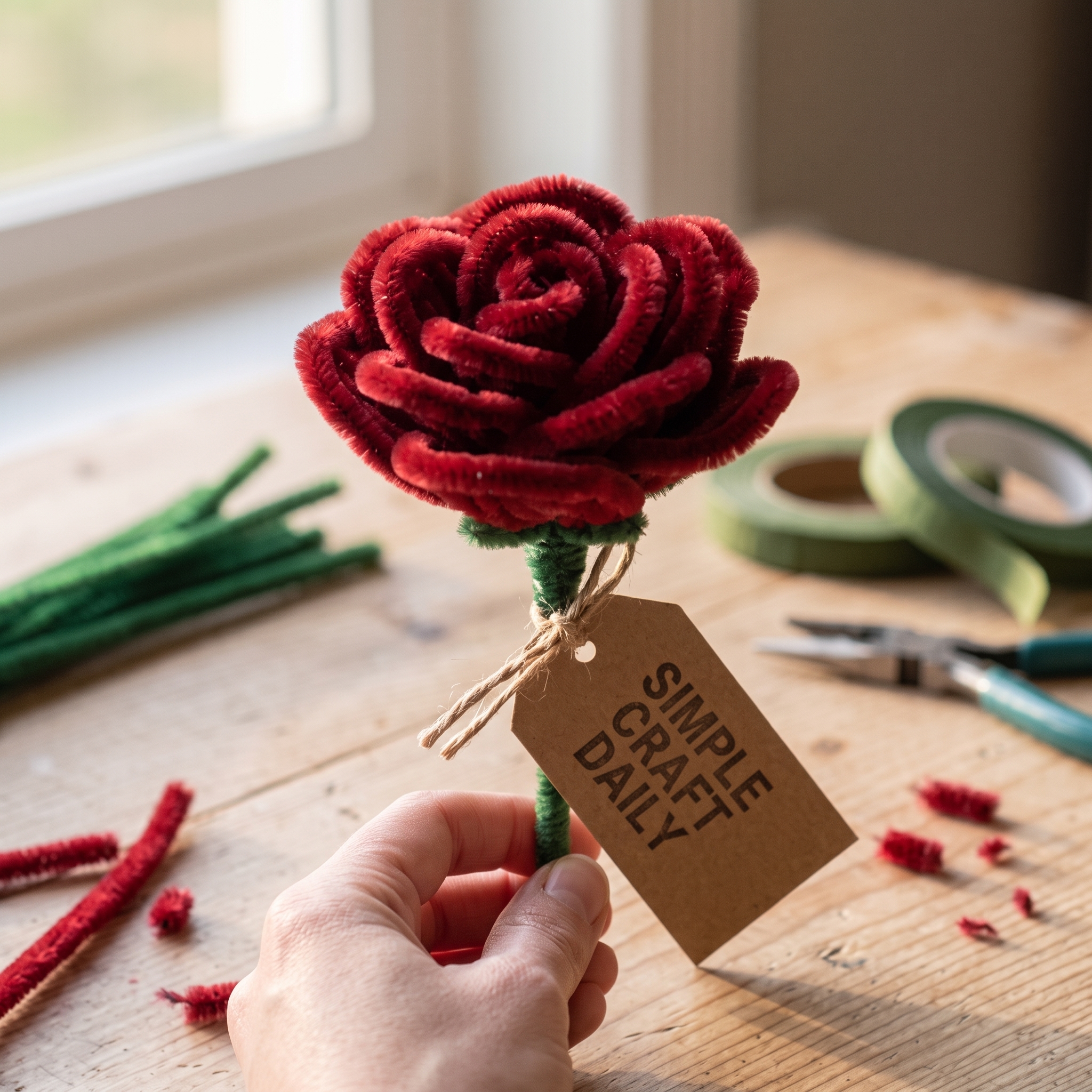 Deep red DIY pipe cleaner flowers formed into a layered handmade rose