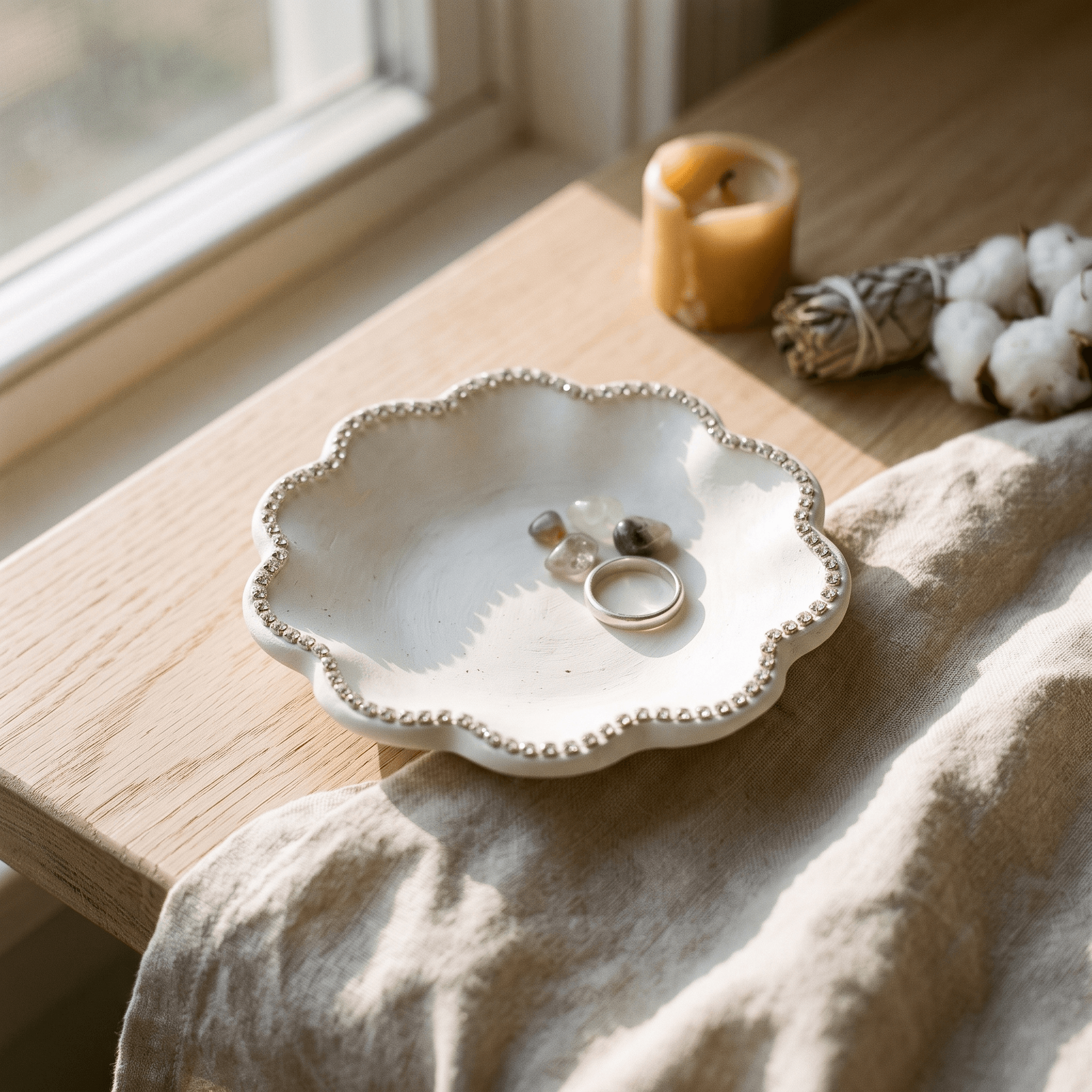 White scalloped ceramic jewelry dish with rhinestone edges holding rings.