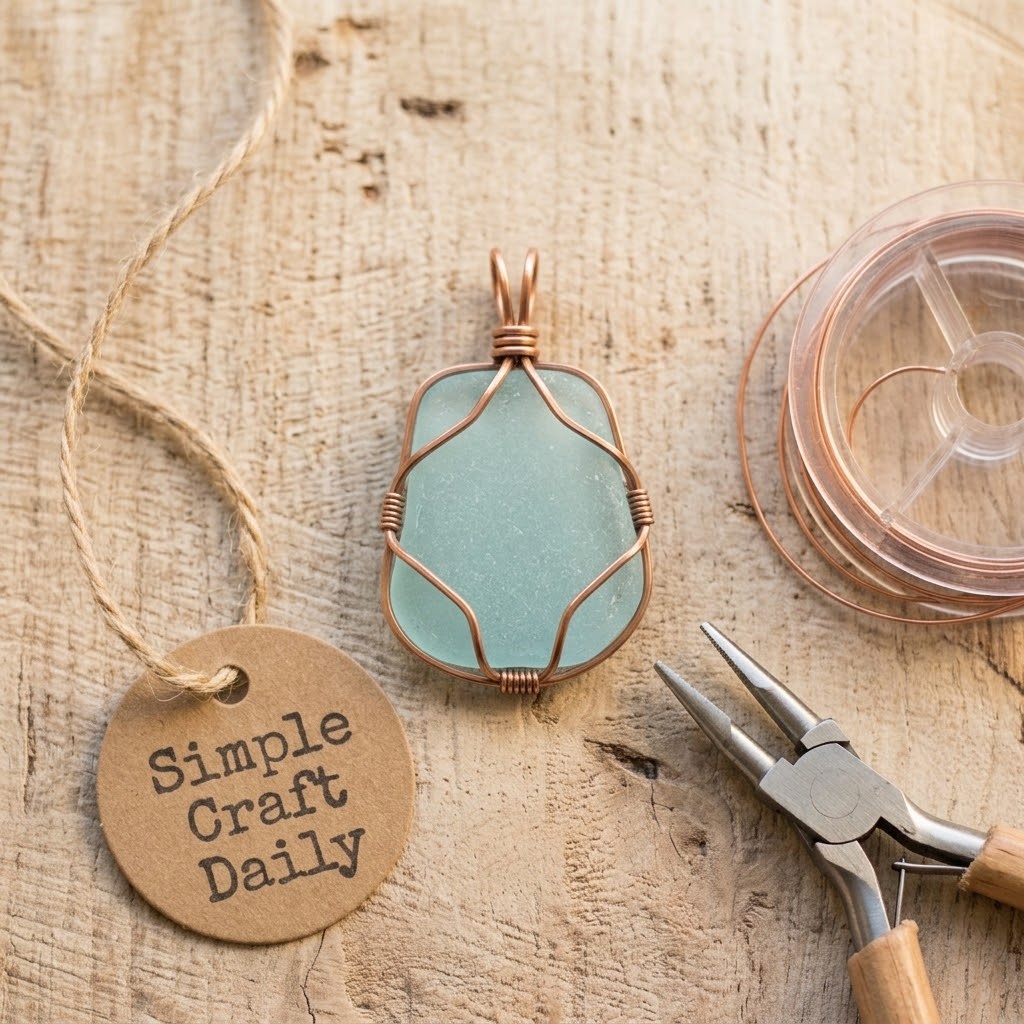DIY wire wrap pendant with pale aqua sea glass in an open copper cage
